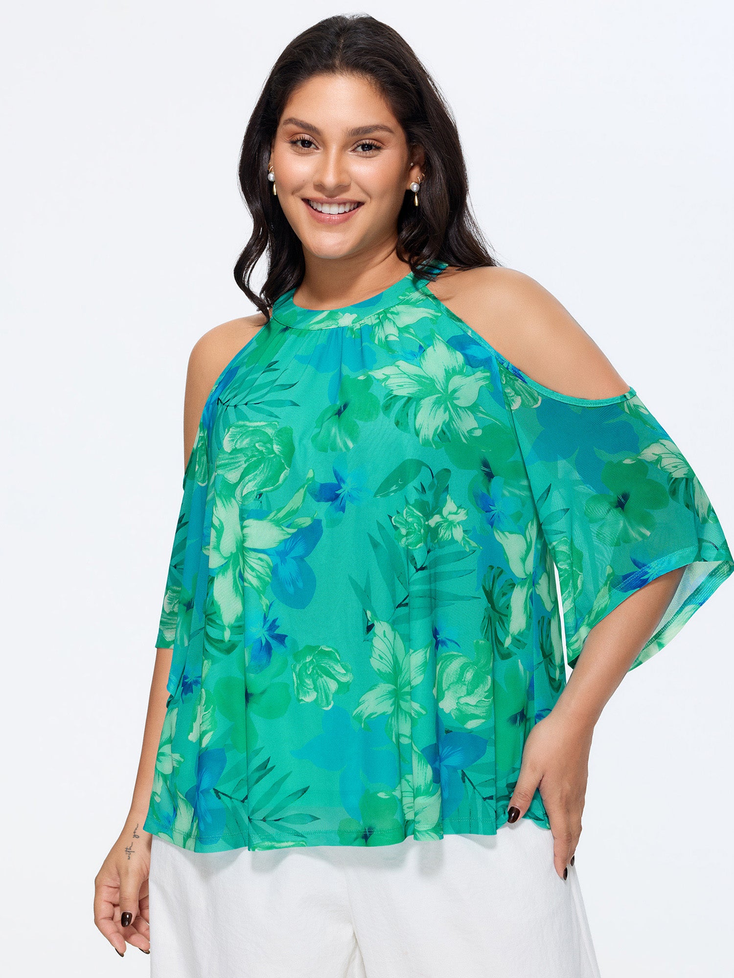 Stretchy Floral Print Cold-Shoulder Blouse