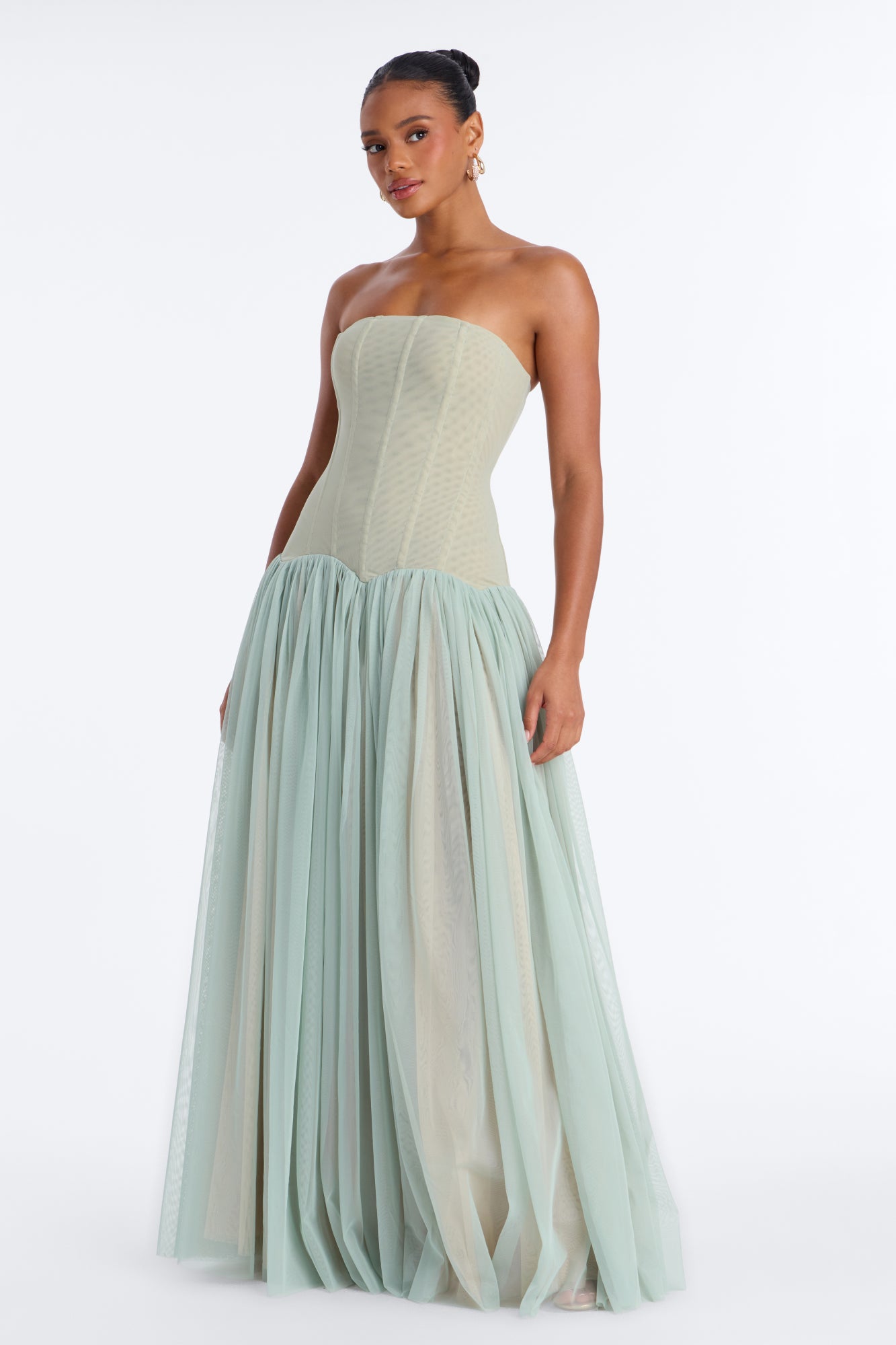 Garden Dreams Strapless Mesh Gown - Sage