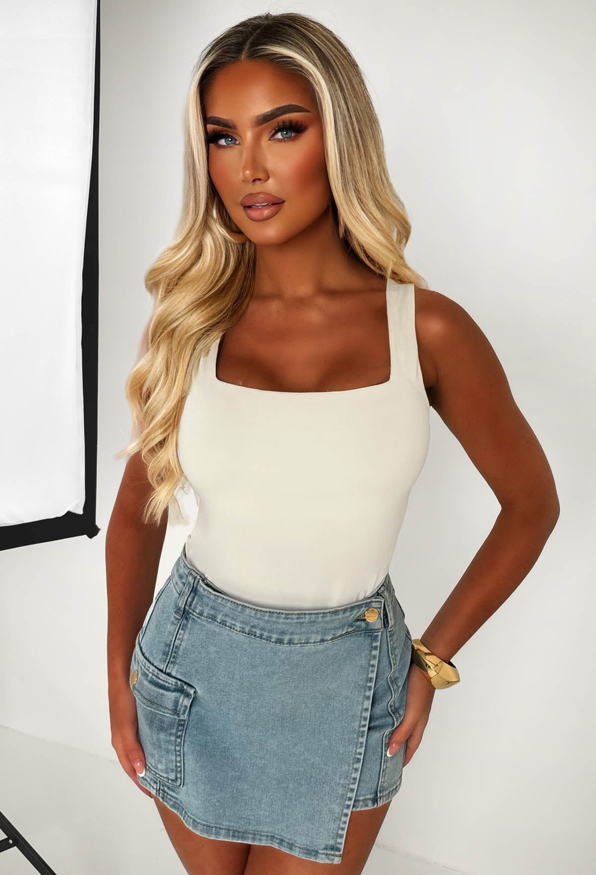 No Push Over Mid Blue Denim Stretch Wrap Over Cargo Skort