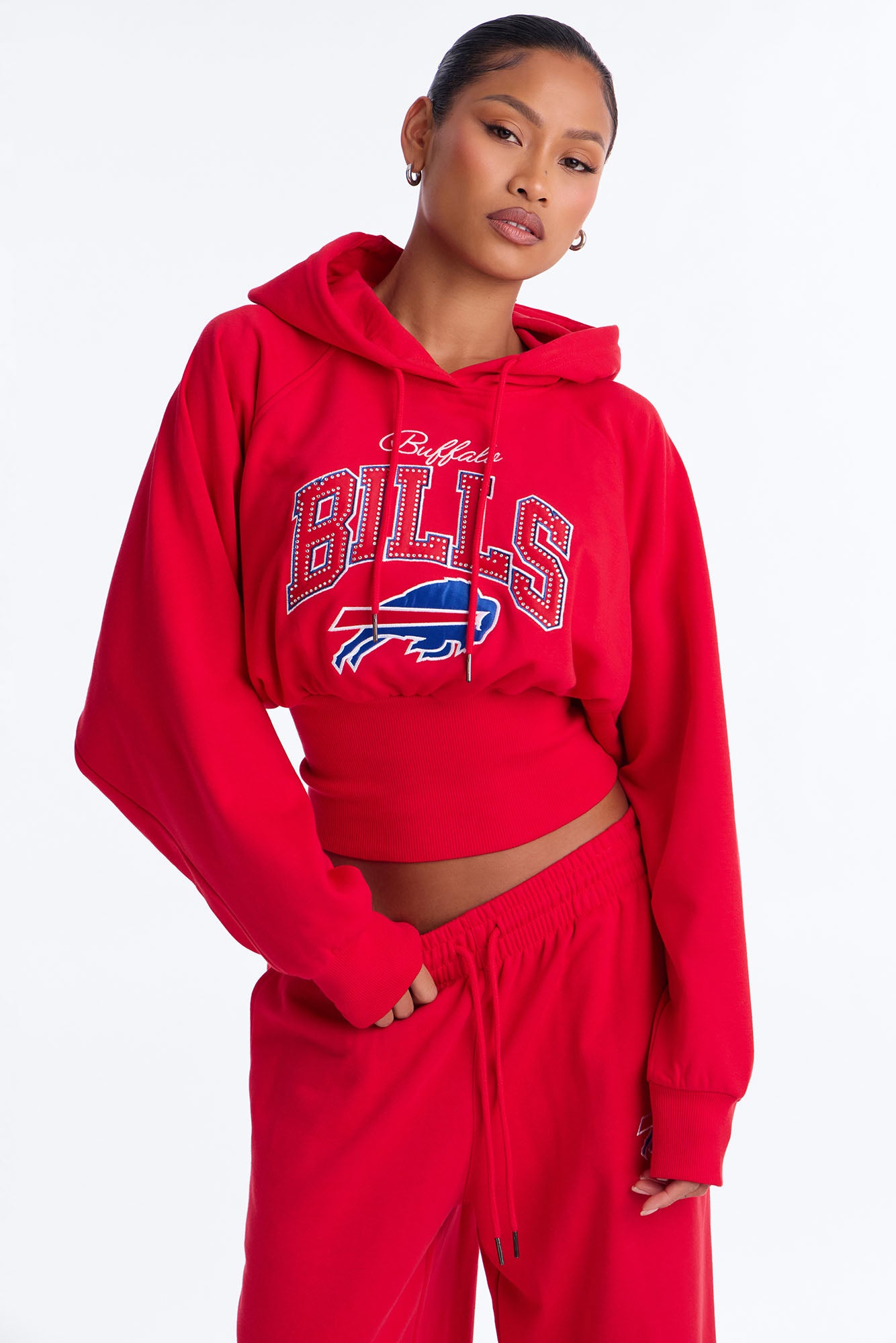 NFL Bills Cinched Rhinestone Hoodie Sweatshirt - Red