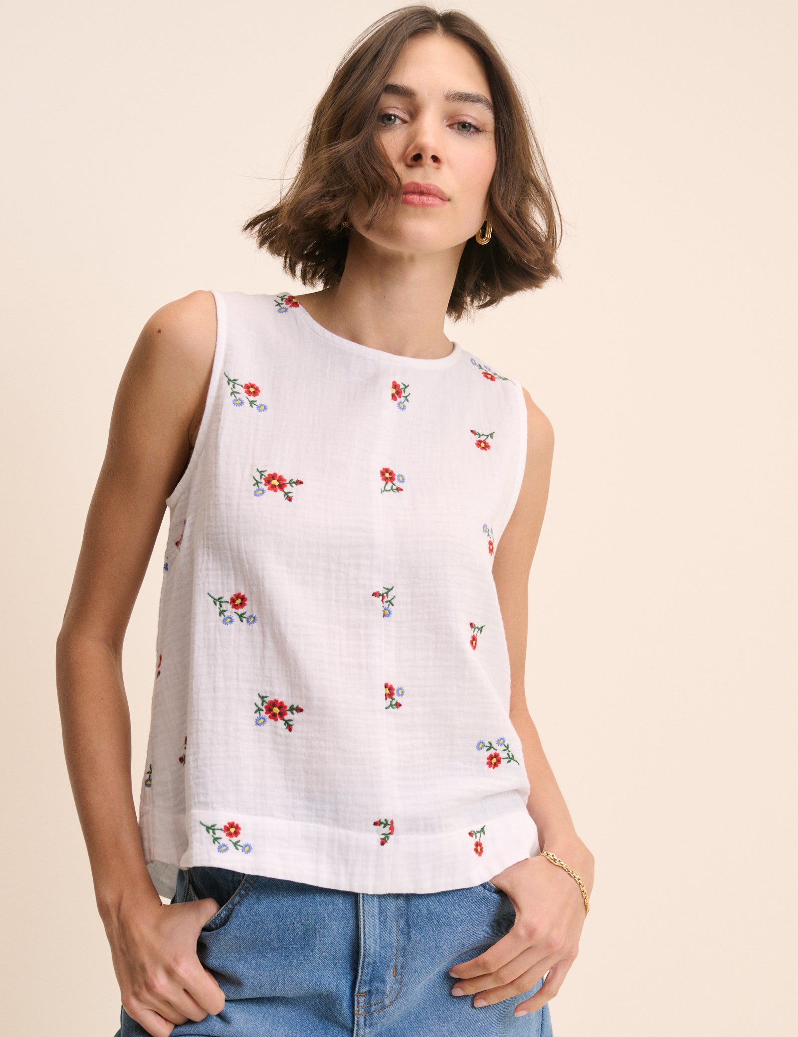 White Floral Embroidered Sleeveless Swing Top