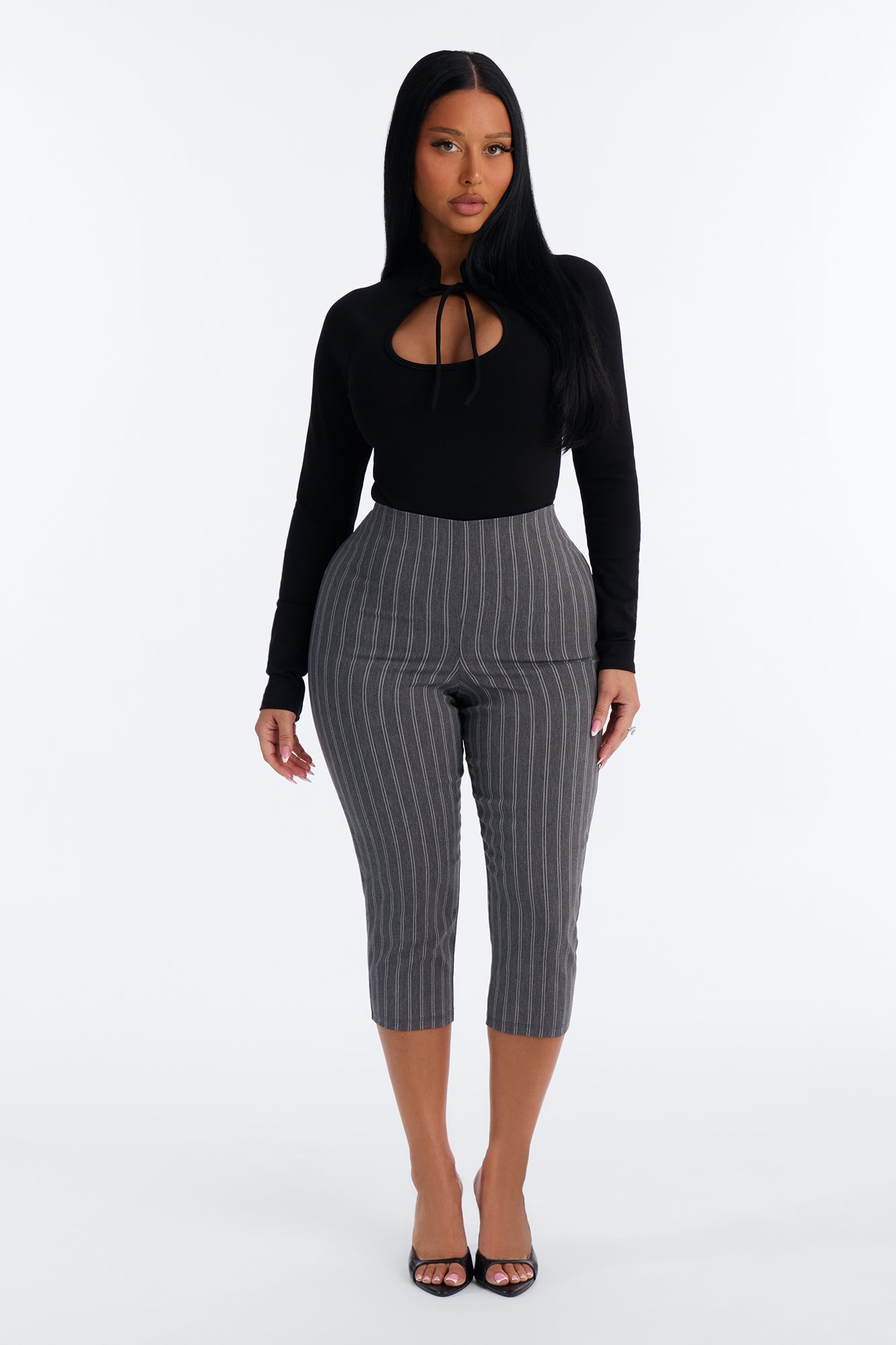 Just A Girl Pinstripe Capri Pant - Grey/combo