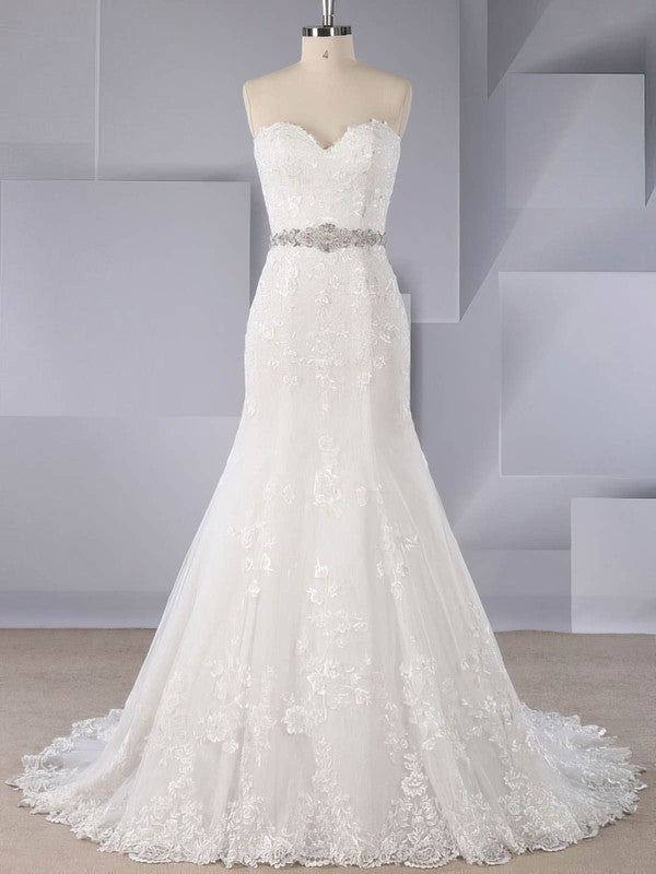 Beautiful Mermaid Sweetheart Sweep Train Strapless Tulle Wedding Dresses with Sash