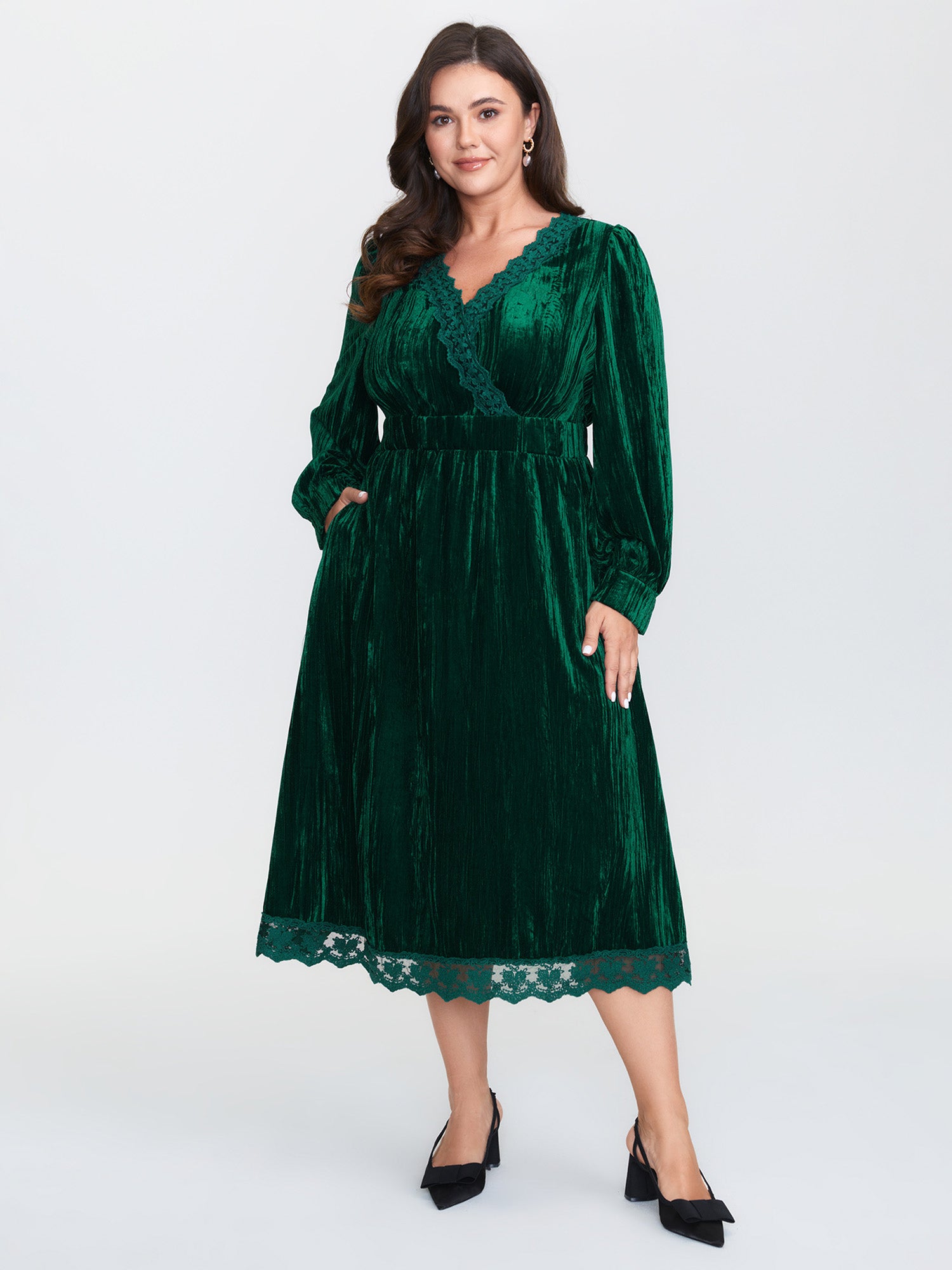 Luxe Textured Velvet Lace Trim Midi Dress
