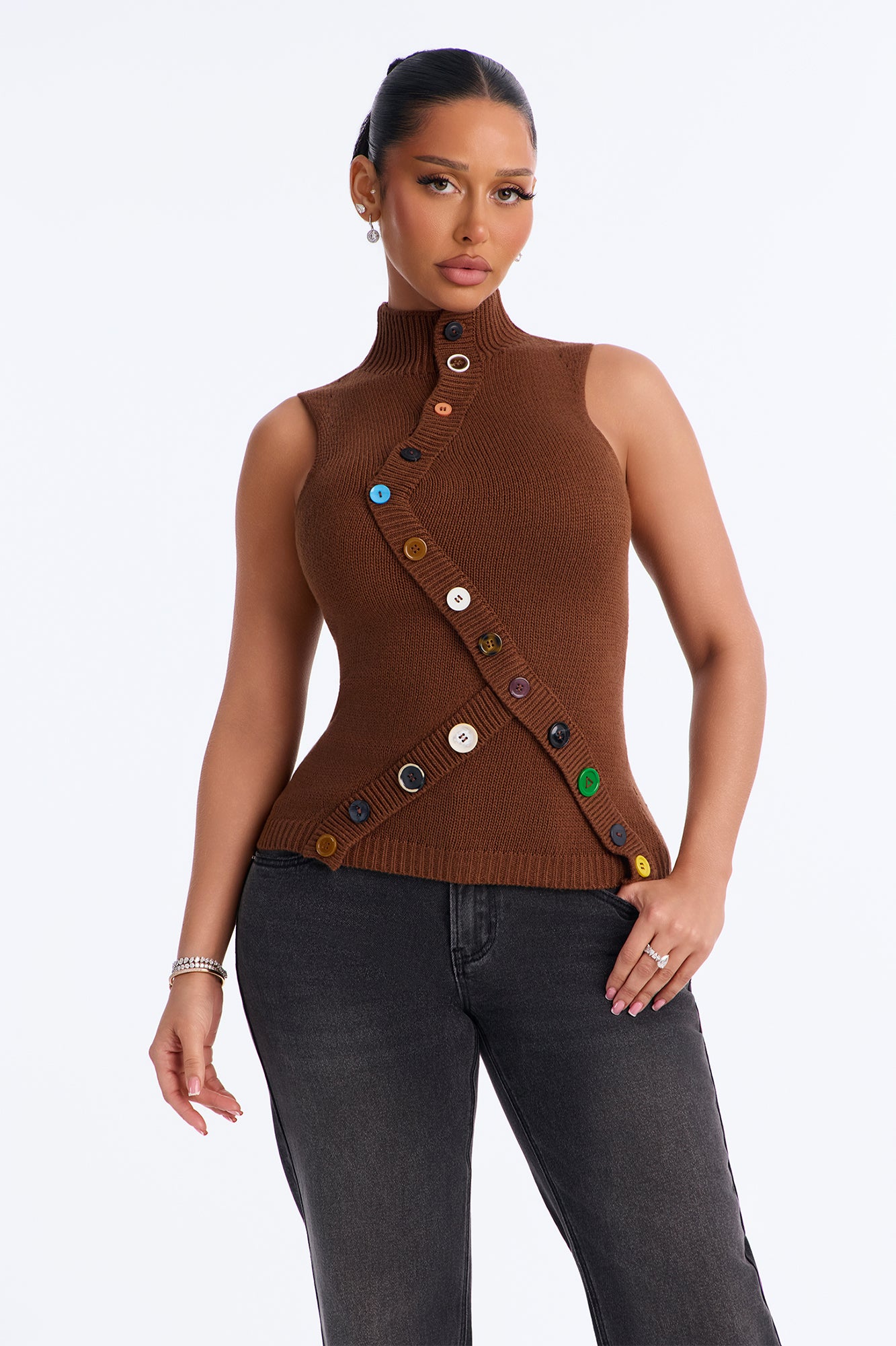 Making Art Mock Neck Sweater Top - Chocolate