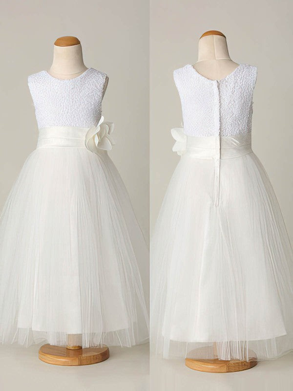 Fashionable A-Line Jewel Sleeveless Tulle Sequined Flower Girl Dresses with Sash