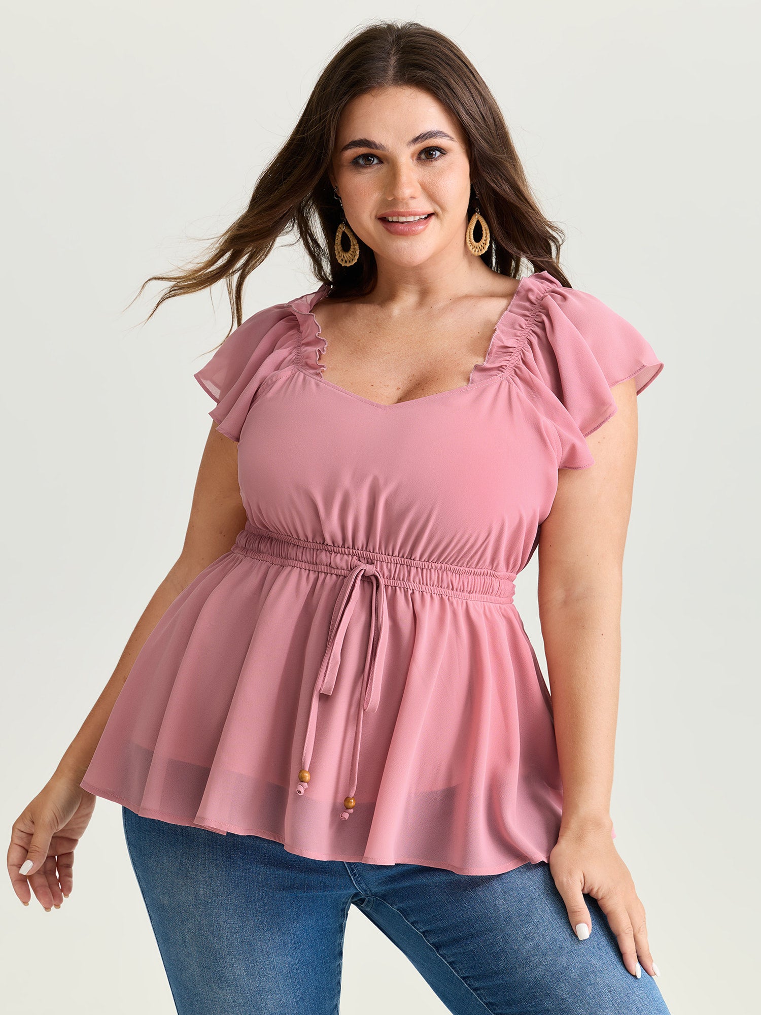 Ruffled Neckline Drawstring Shirred Waistline Blouse