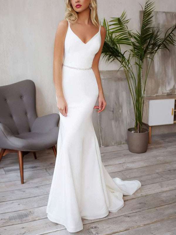 Luxurious Trumpet V-Neck Stretch Satin Wedding Dresses with Sweep Train