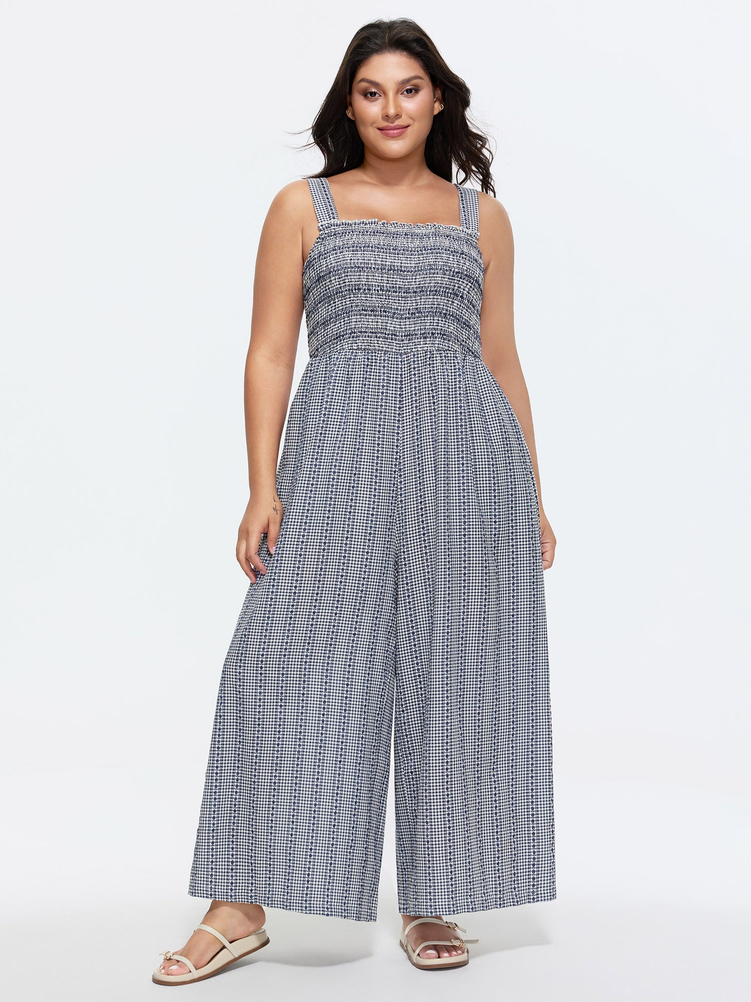 Striped Print Shirred Wide-Straps Jumpsuit