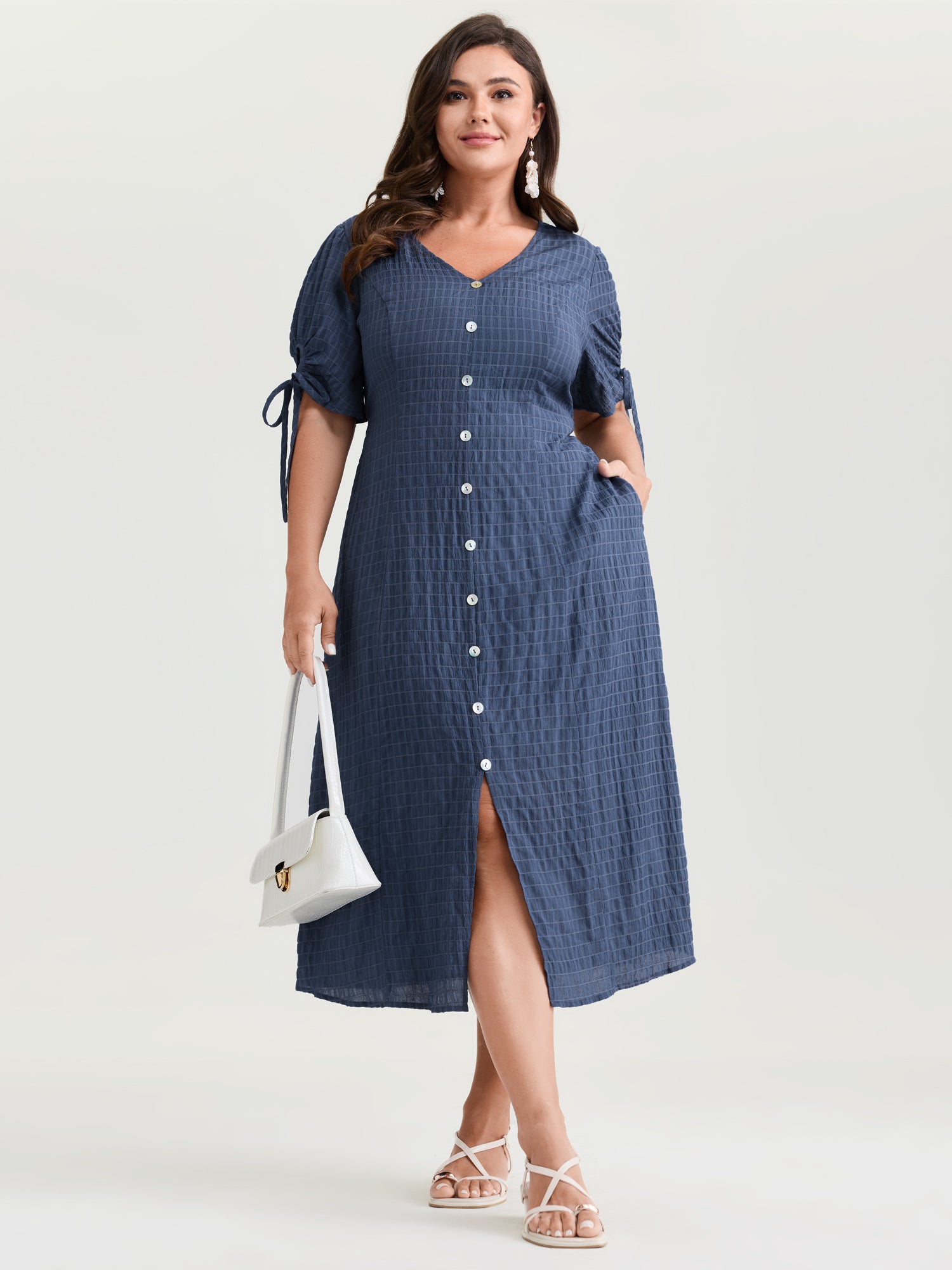 Textured Sleeve-Tie Pockets Midi Dress