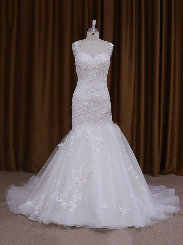 Elegant Trumpet Sleeveless Sweetheart Appliques Lace Wedding Dresses