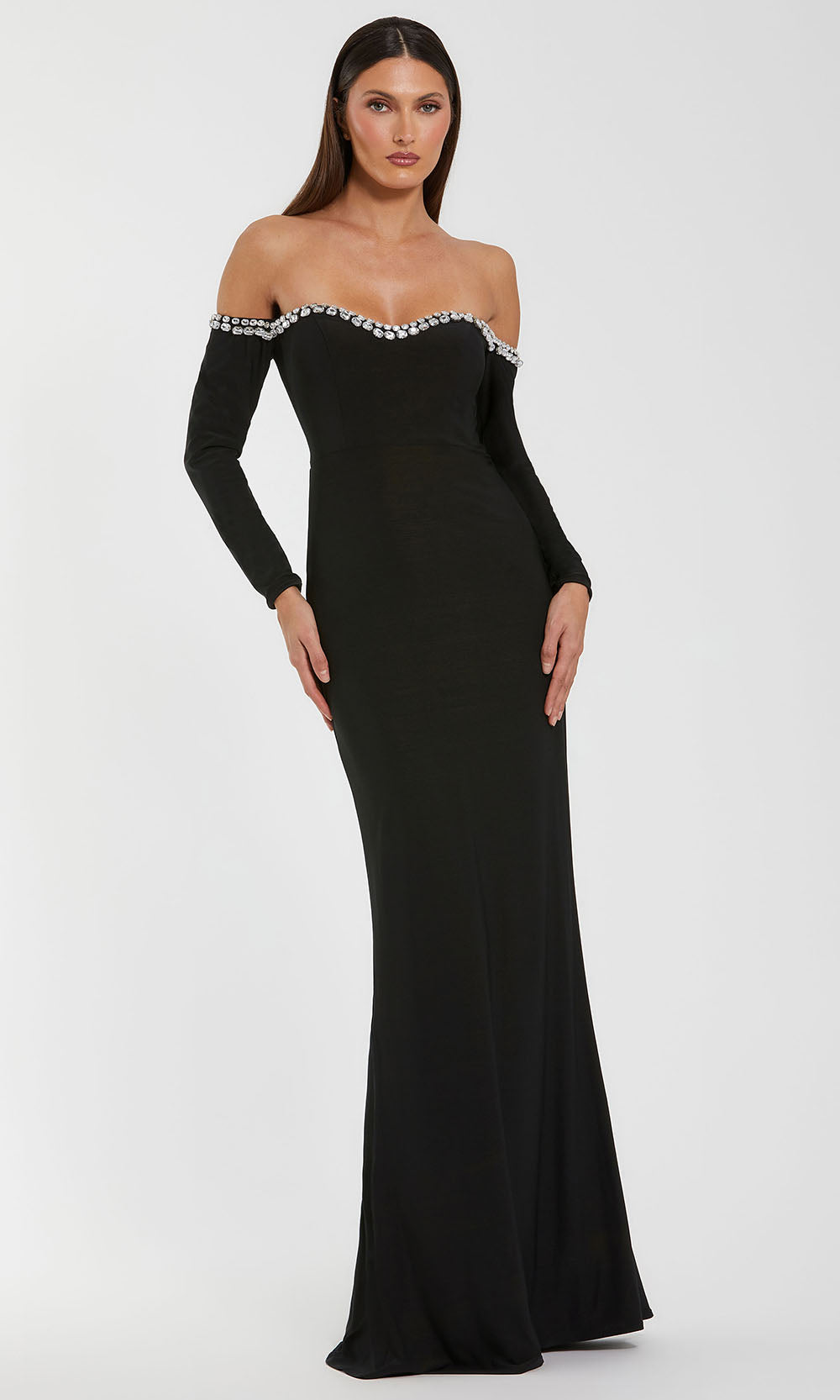 Ieena Duggal 44159 - Crystal Trim Off Shoulder Evening Gown