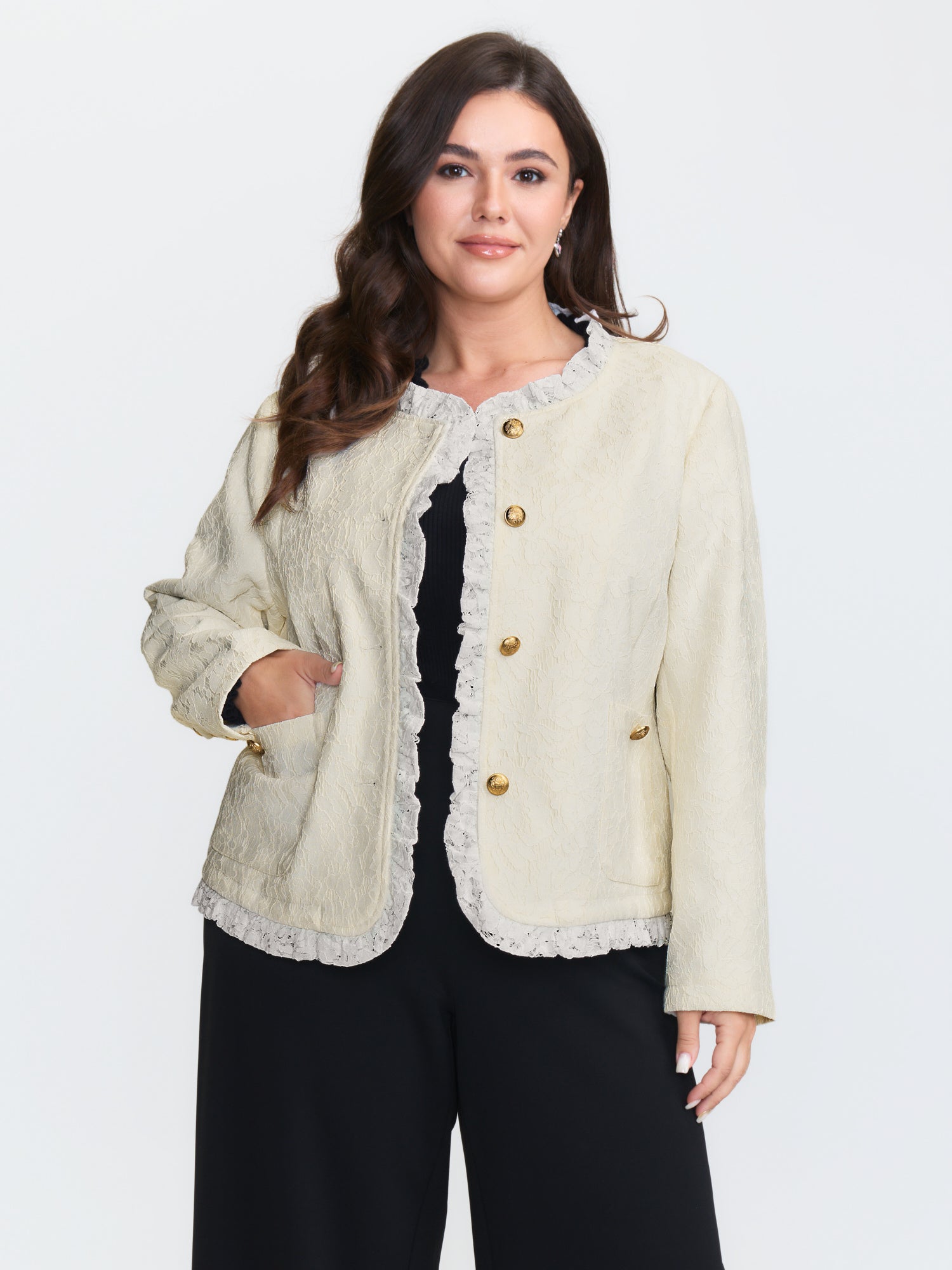 Lace Trim Metal Buttons Pocket Jacket