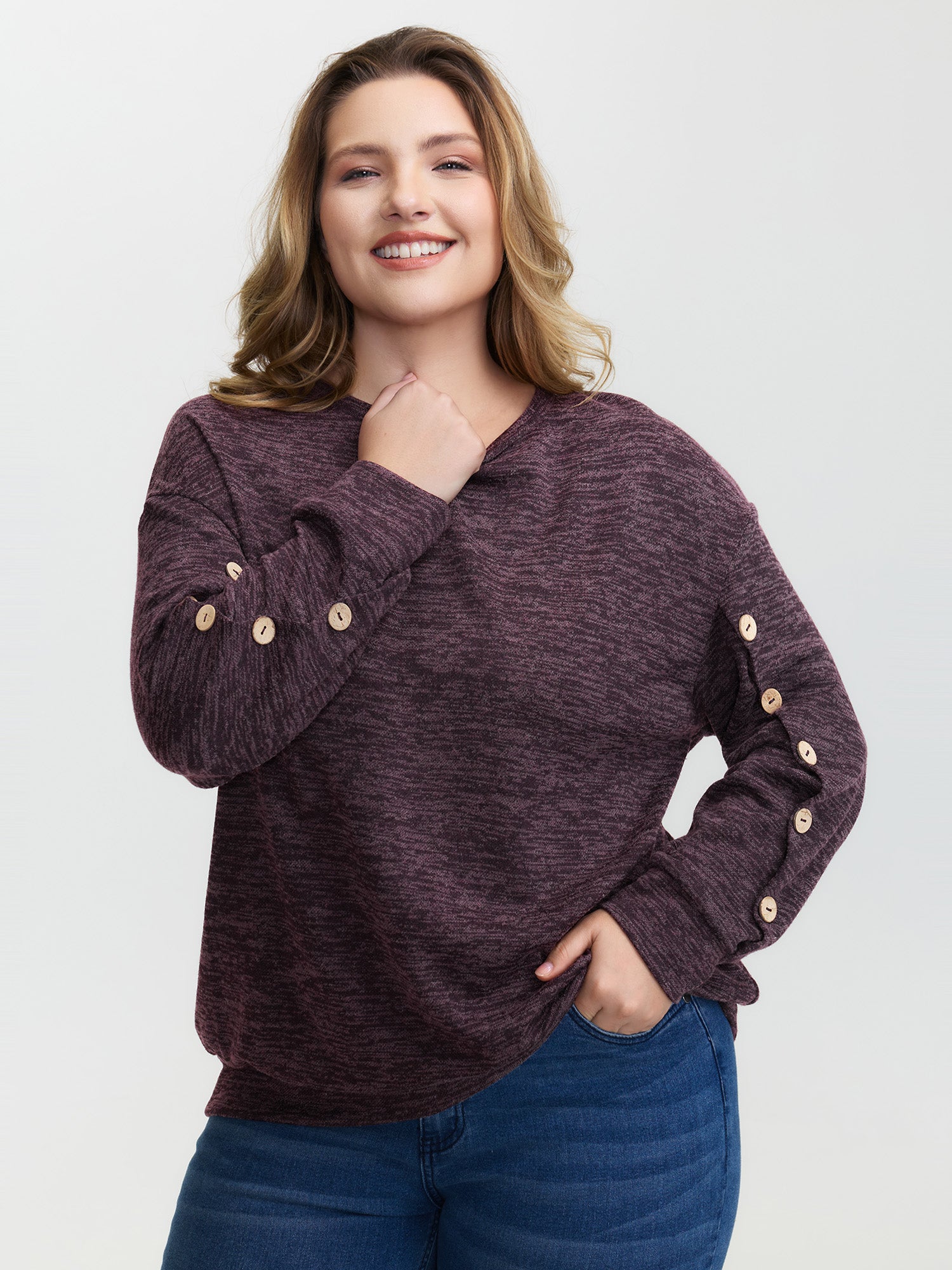Heather Button Detail Overlap Sleeve Sweatshirt