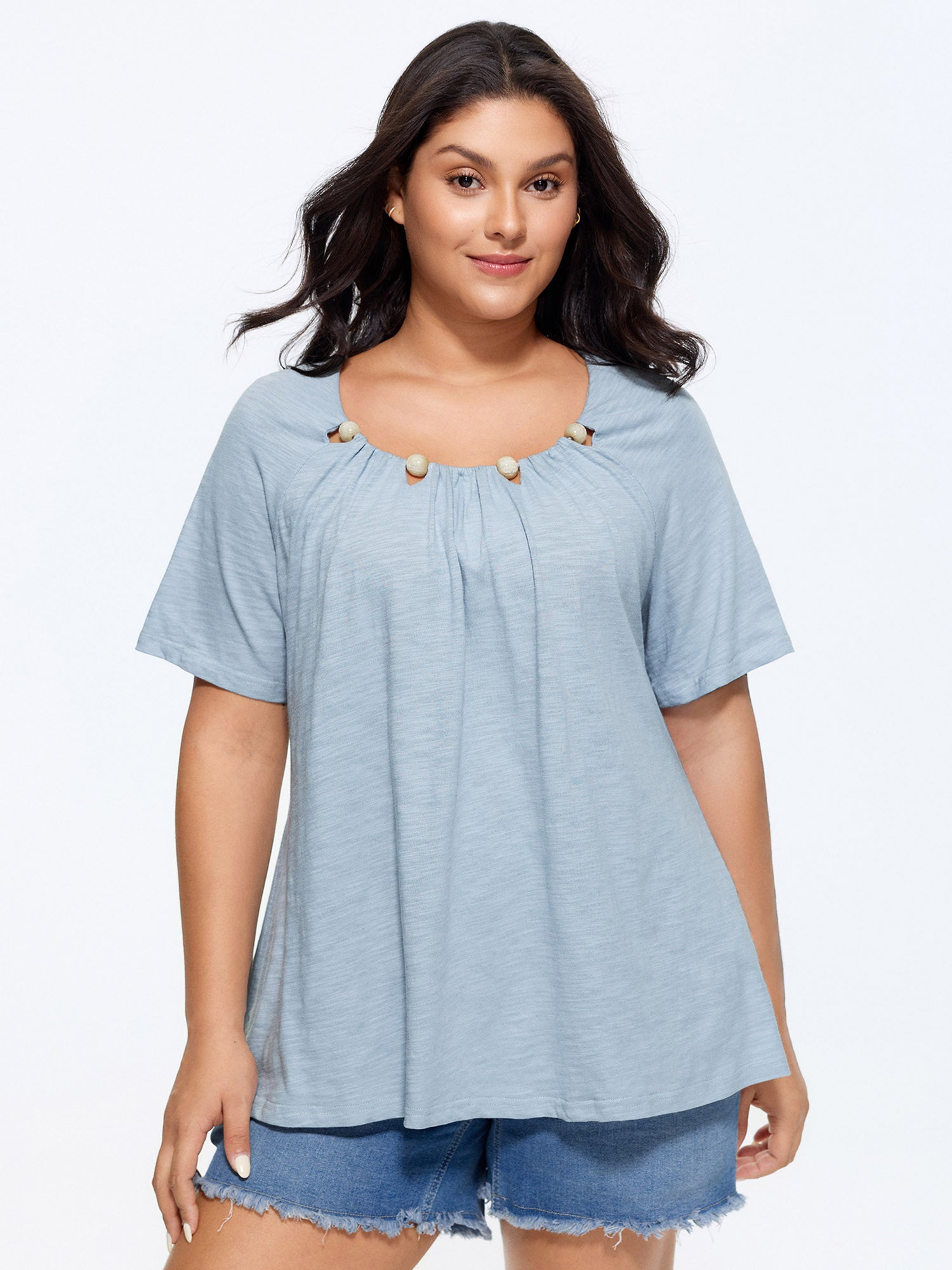 Cotton Stretchy Cut-Out Beaded Neckline T-Shirt