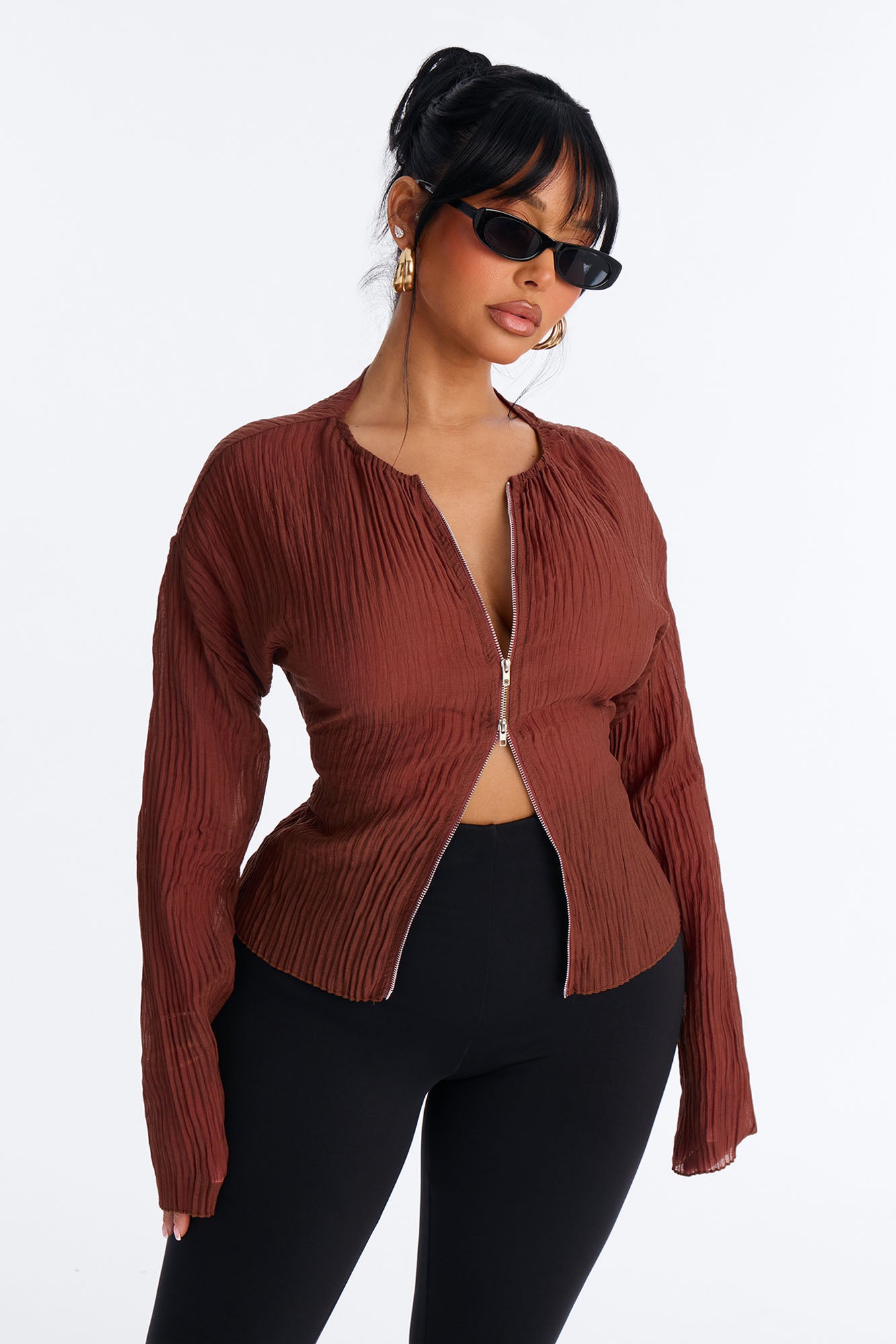 Kasey Front Zip Plisse Top - Mauve
