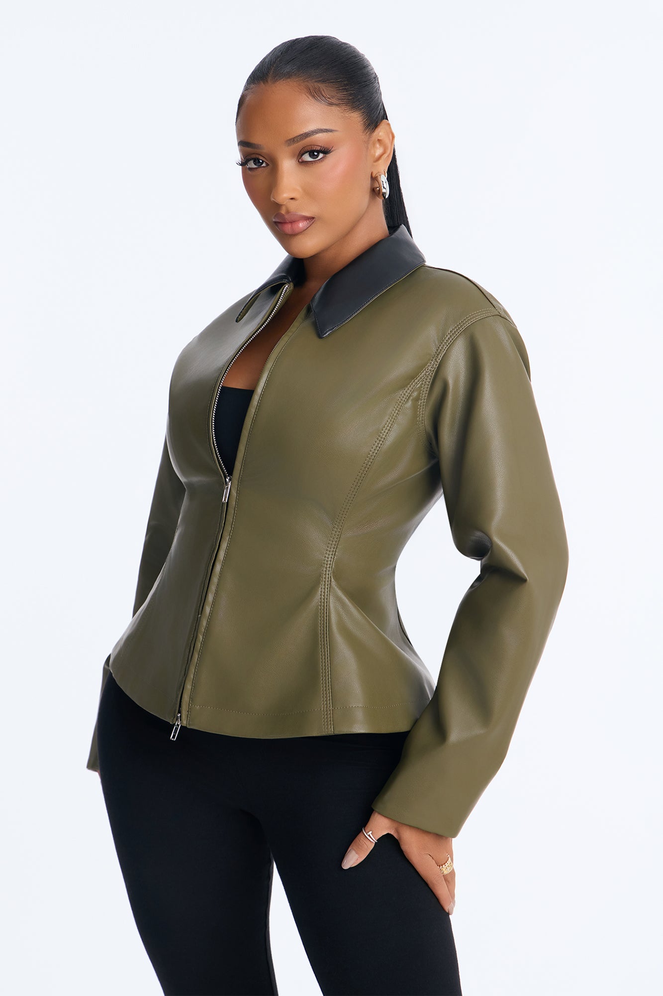 The Hourglass Faux Leather Shacket - Olive/combo