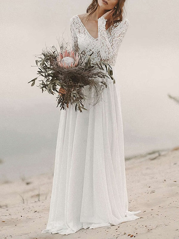 Elegant A-Line V-Neck Long Sleeves Chiffon Sweep Train Wedding Dresses
