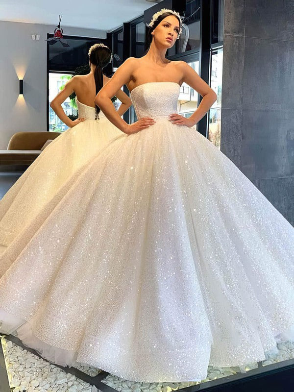 Gorgeous Sequined Strapless Court Train Ball Gown Wedding Dresses
