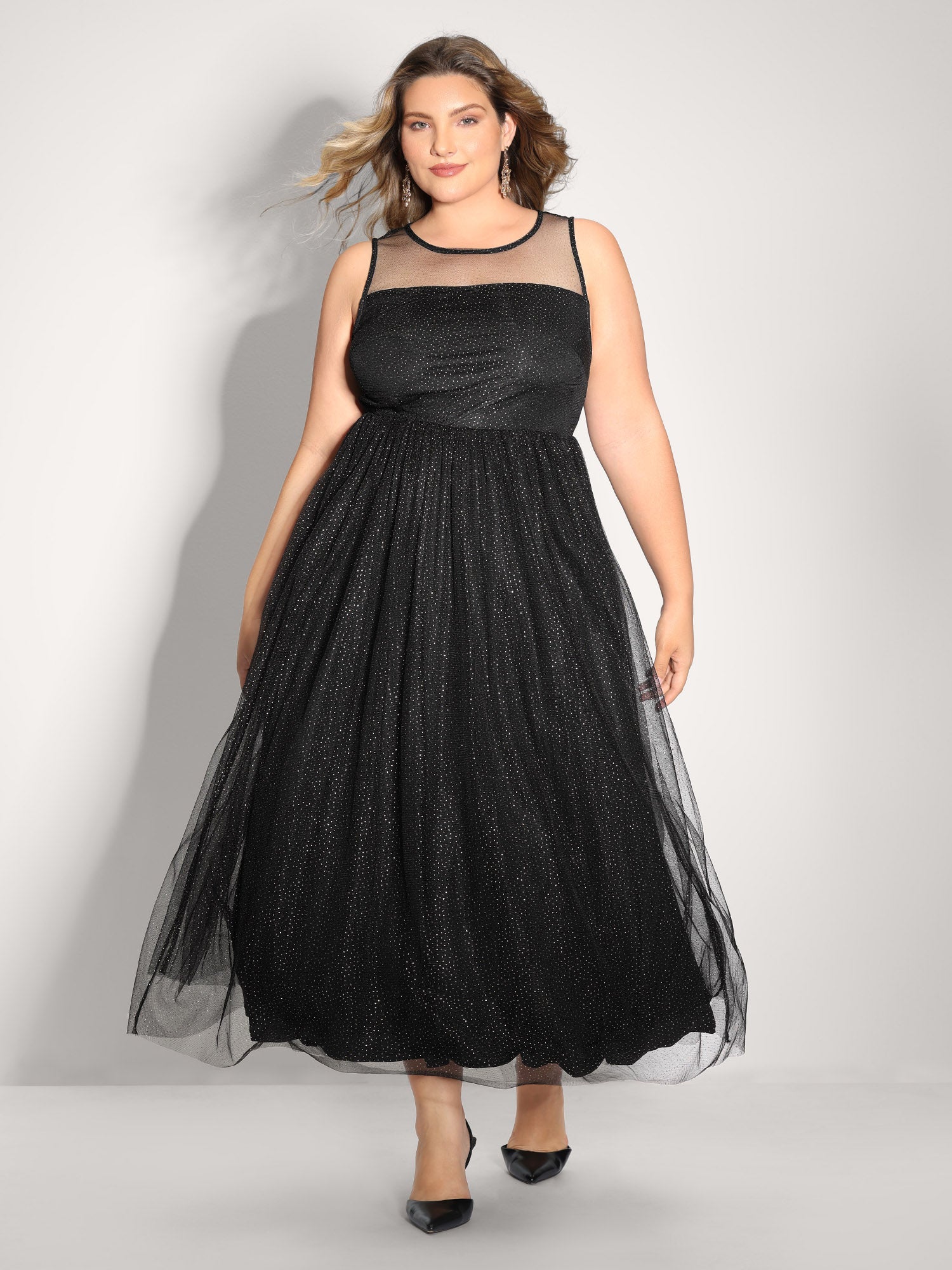 Shimmery Sheer Neckline Flowy Maxi Dress