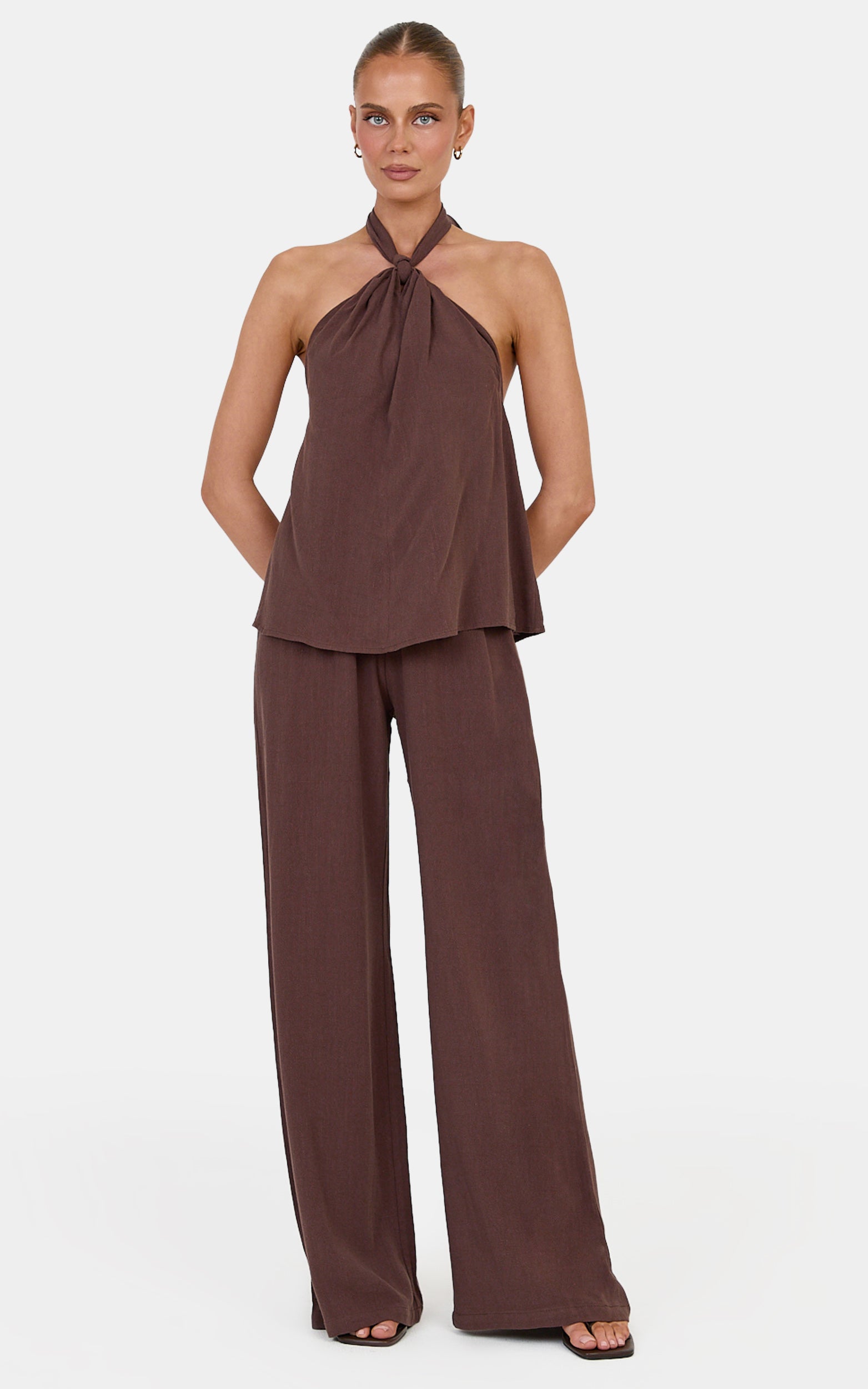 Ingrid Two Piece Set - Knot Detail Halter Neck Top and Wide Leg Pants Set in Chocolate
