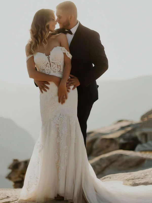 Elegant Off-The-Shoulder V-Neck Mermaid Wedding Dresses with Chapel Train