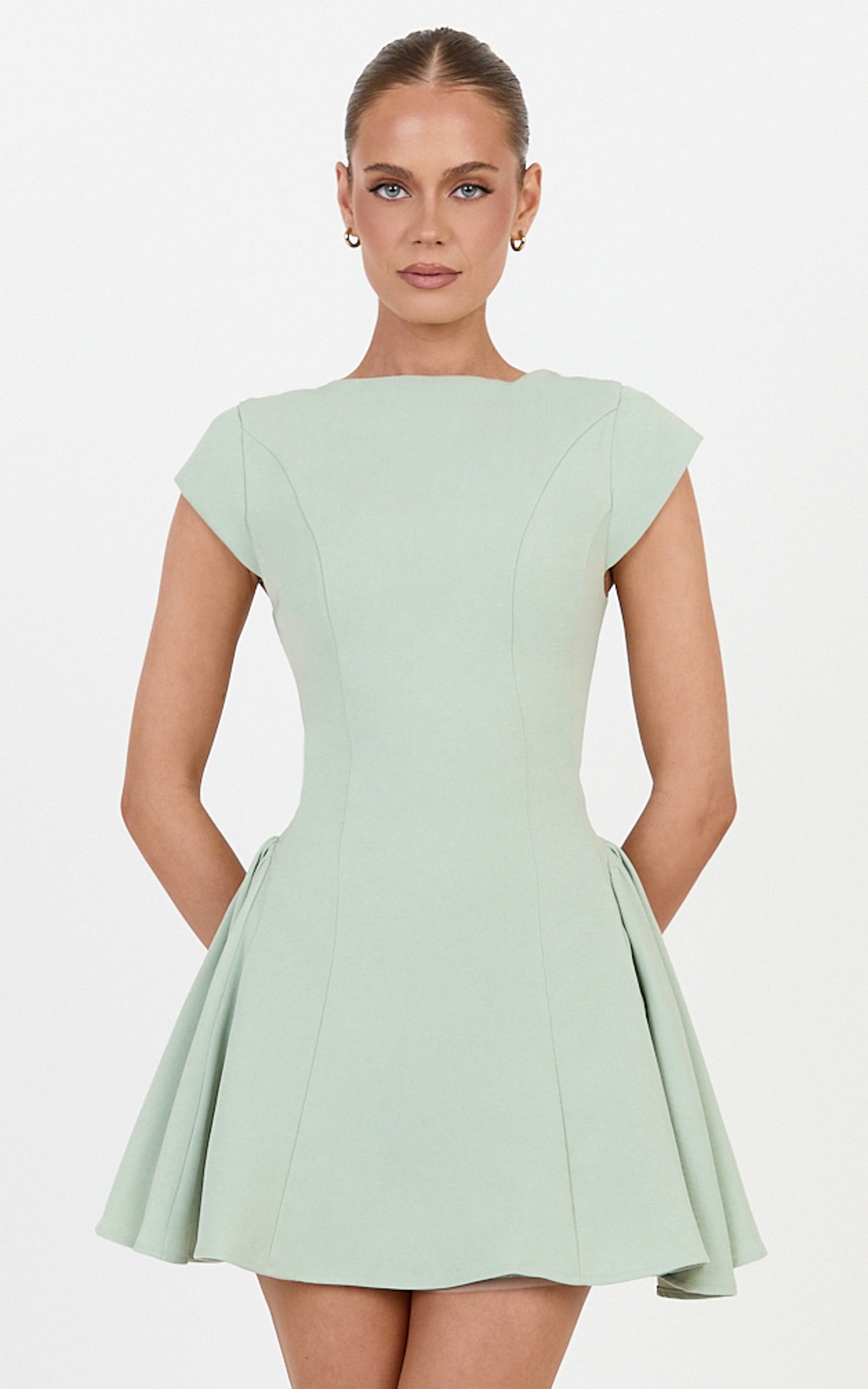 Lorayne Mini Dress - Cap Sleeve Gathered Hip Tie Back Mini Dress in Sage