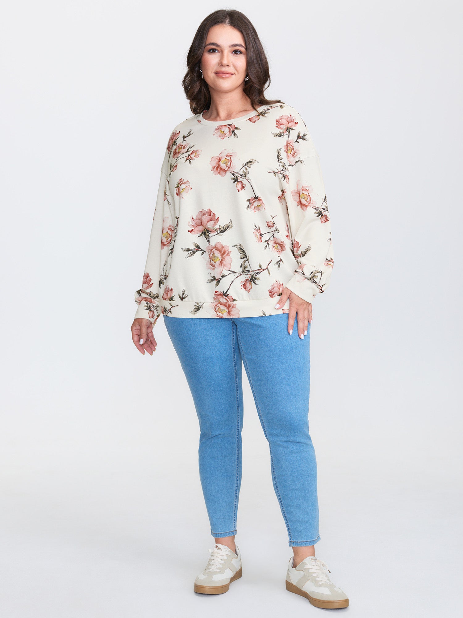 Rose Print Drop Shoulder Sweatshirt