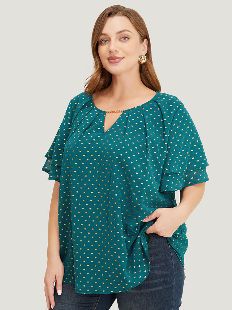 Polka Dot Glitter Tiered Sleeve Pleated Keyhole Chain Neck Blouse