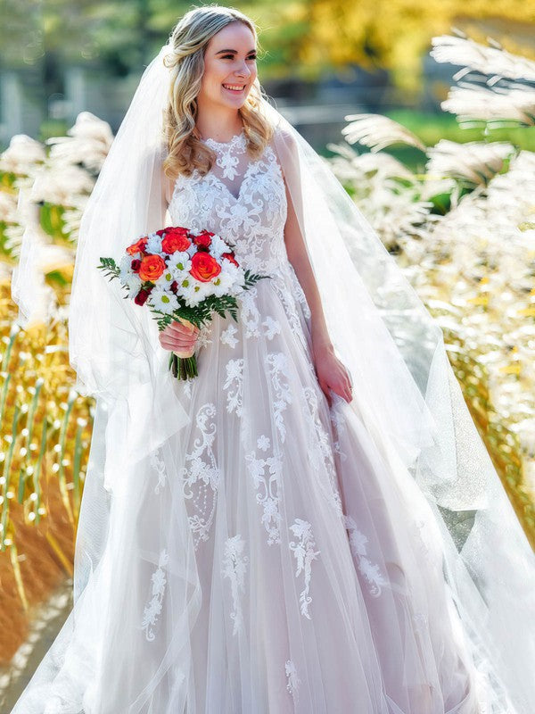 Exquisite Sleeveless Lace Tulle A-Line Wedding Dresses with Appliques