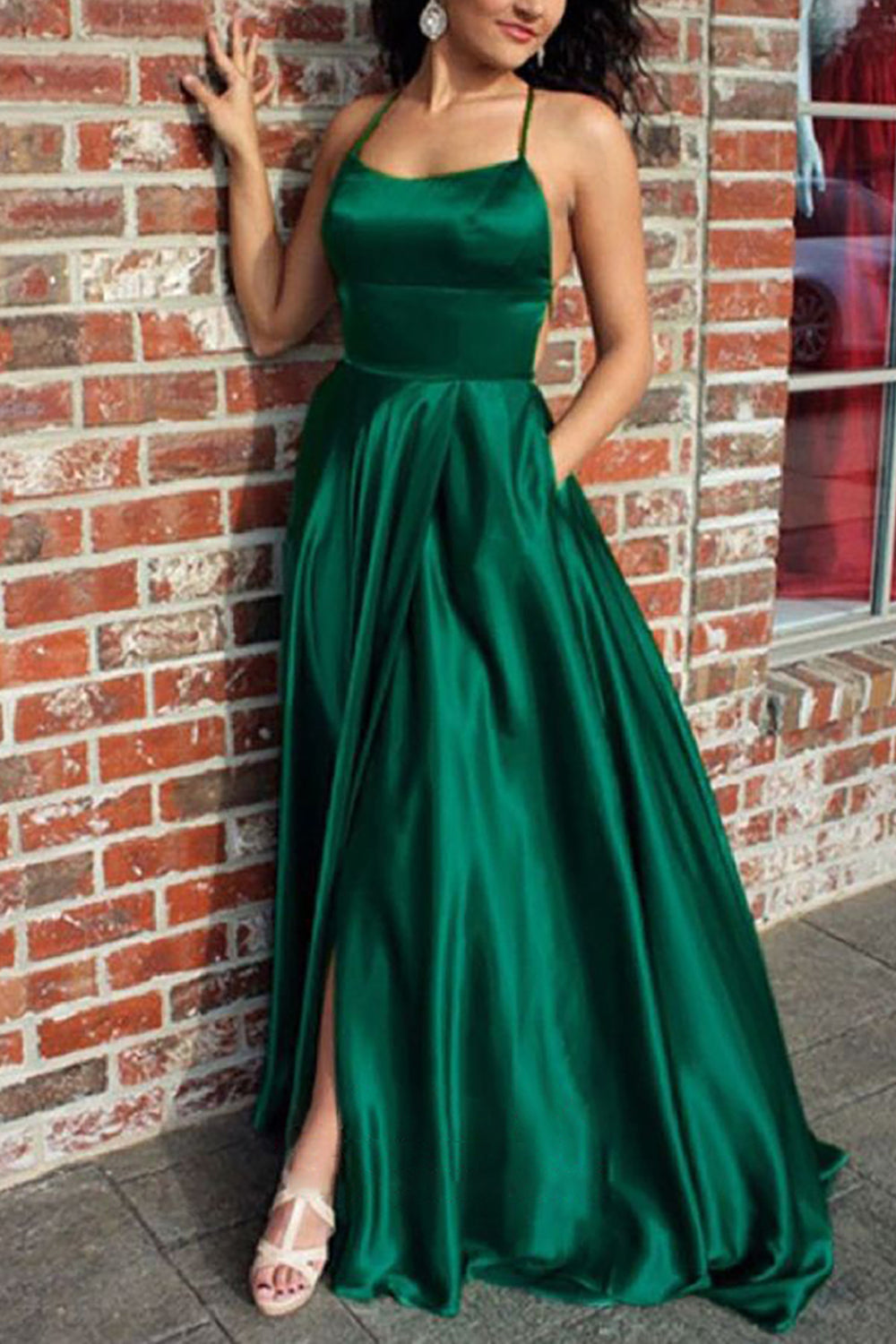 Simple Backless A-line Prom Dress in Green Satin