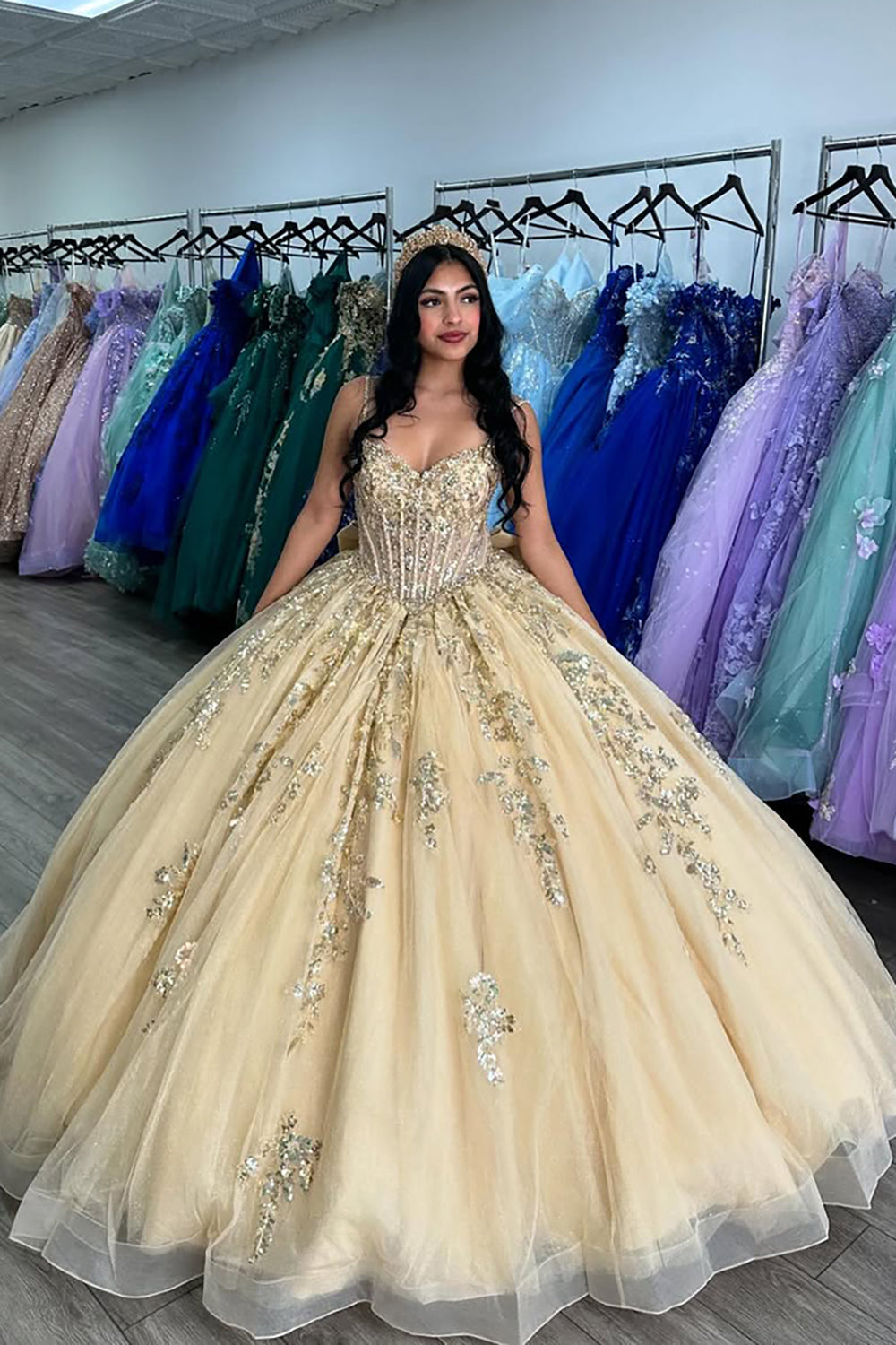 Princess Quinceanera Dress with Golden Spaghetti Straps and Sequined Tulle