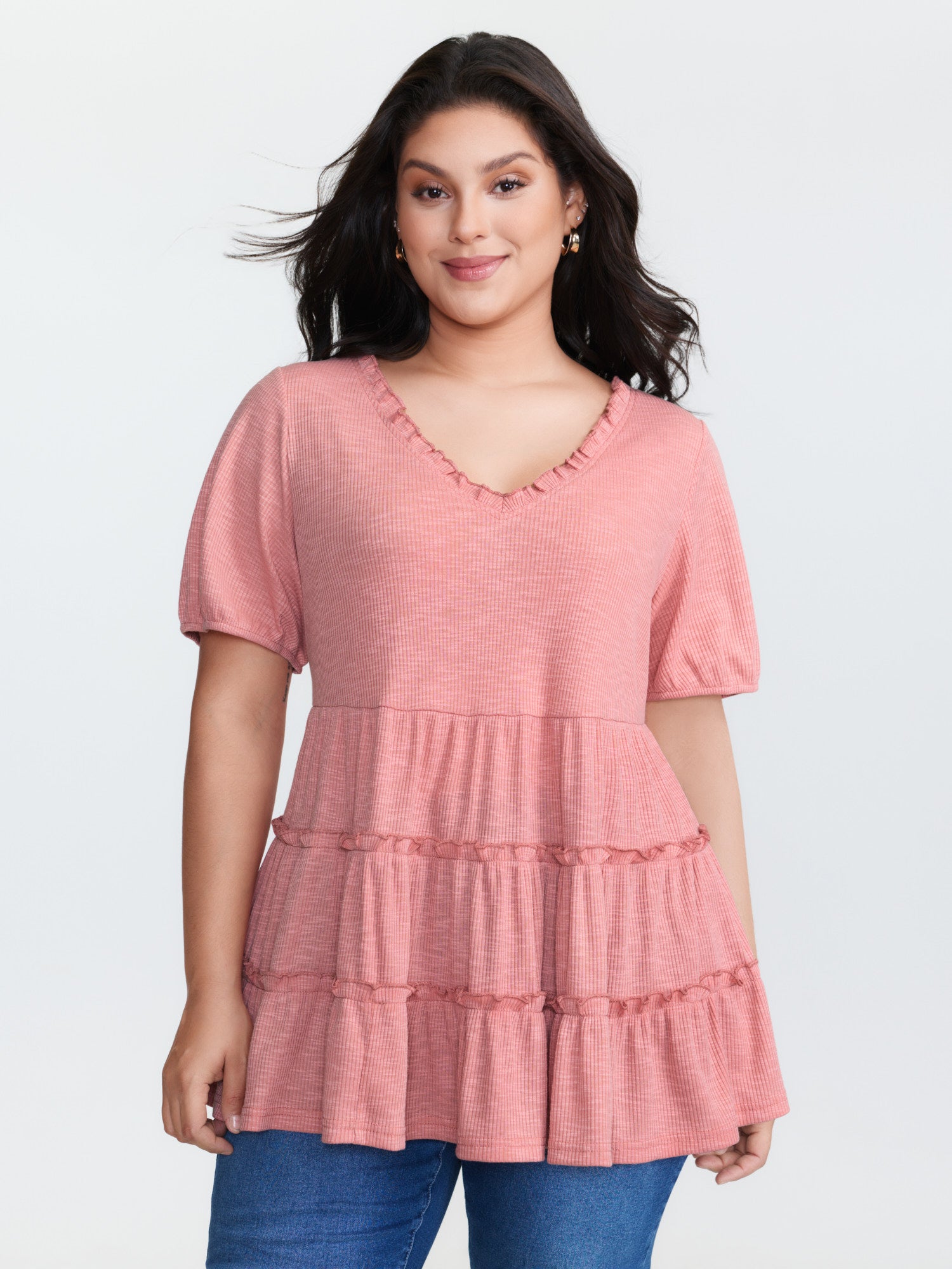 Stretchy Ruffled Neckline Tiered Knit Top