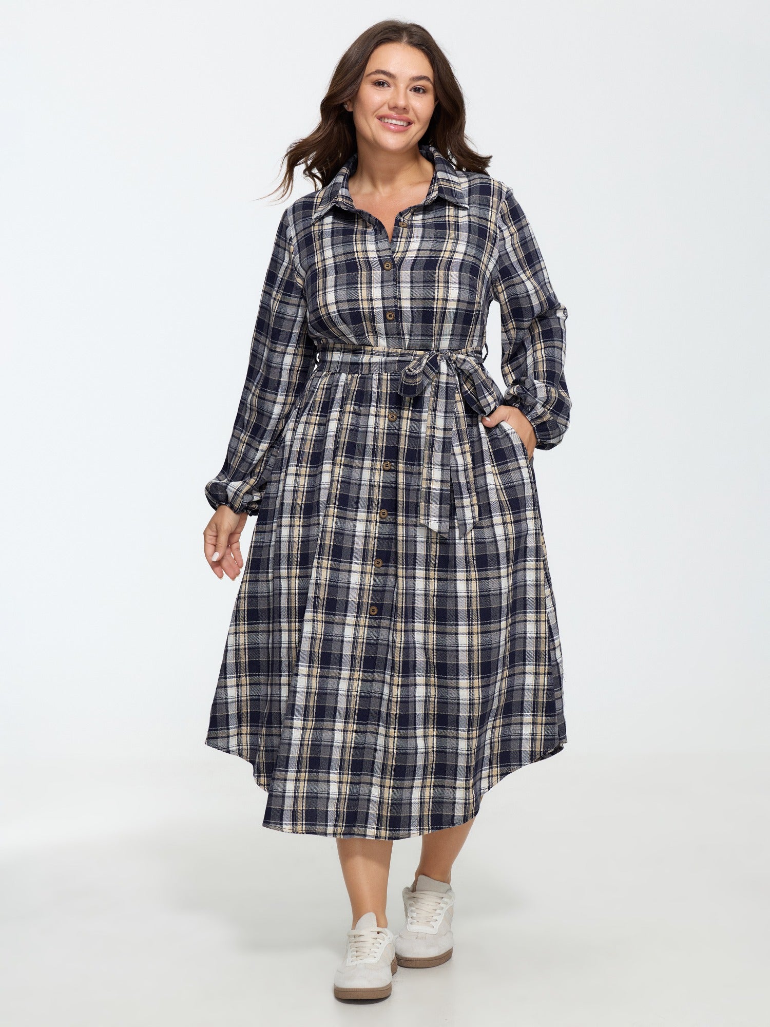Plaid Button Detail Pocket Belted Arc Hem Midi Dress