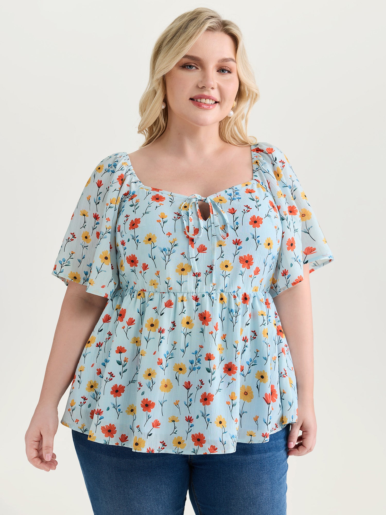 Sunshine-Ready Floral Print Drawstring Blouse