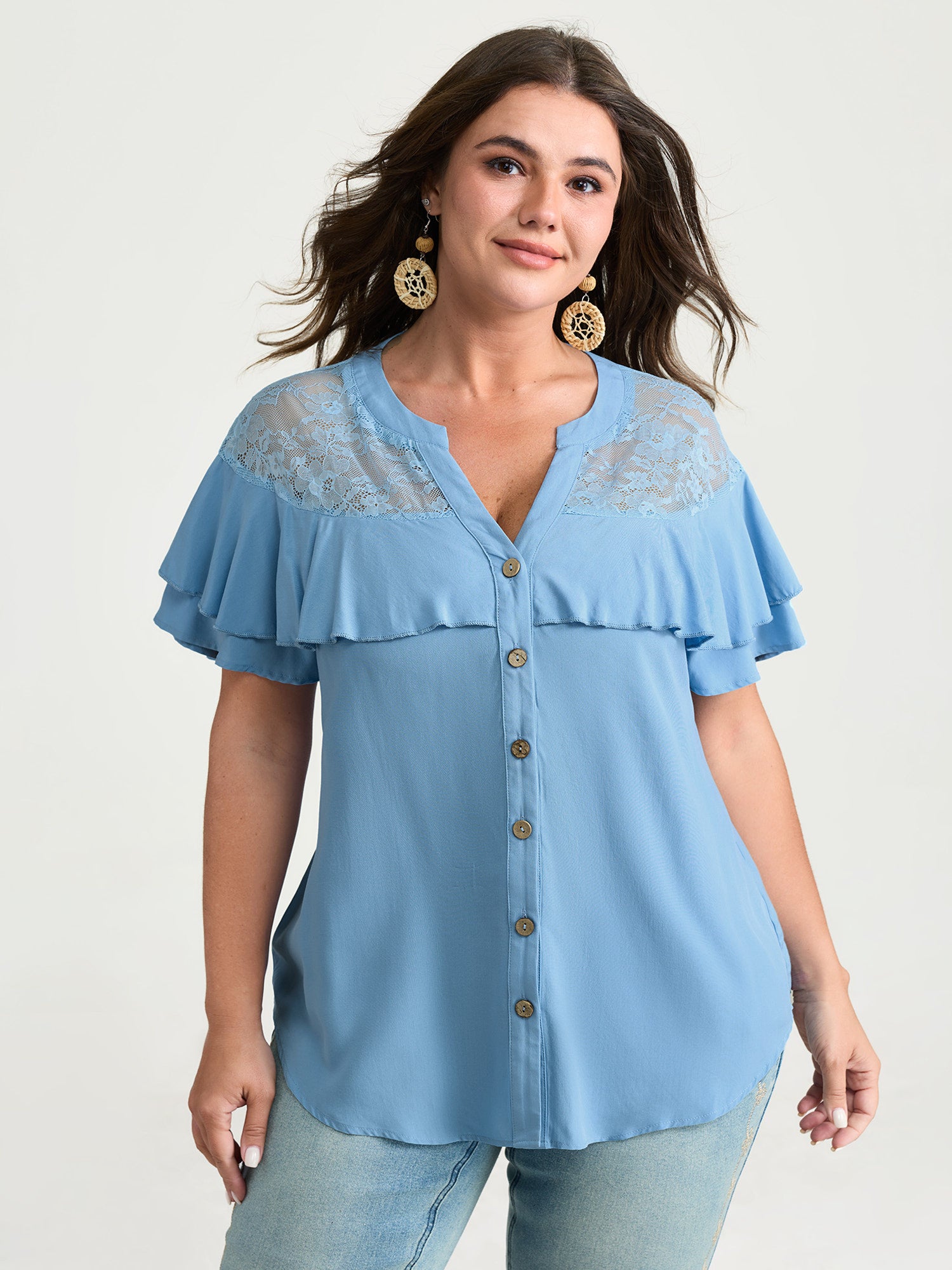 Sheer Ruffled Button Placket Blouse