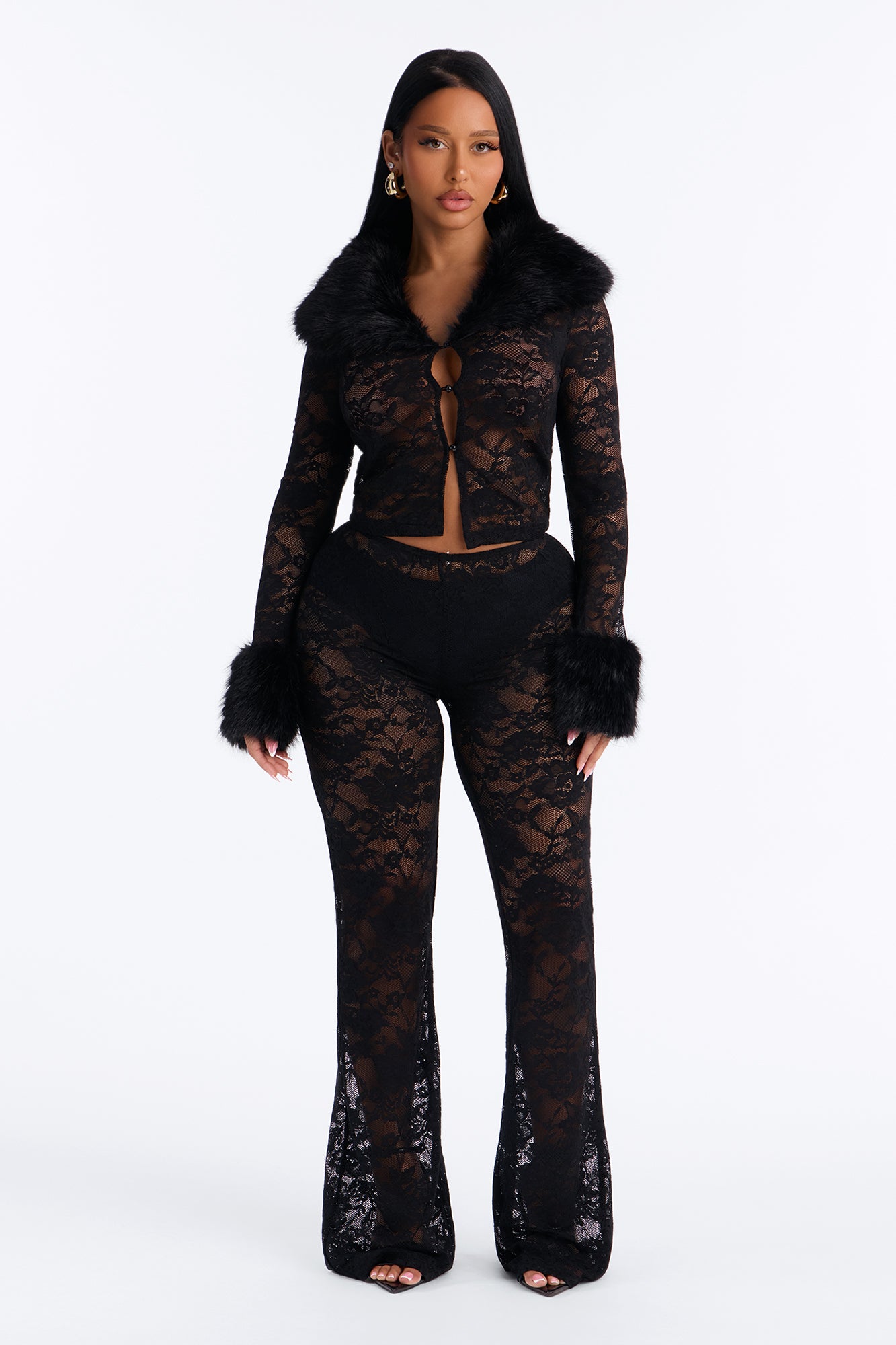 So Fetch Lace Fur Trim 3 Piece Pant Set - Black