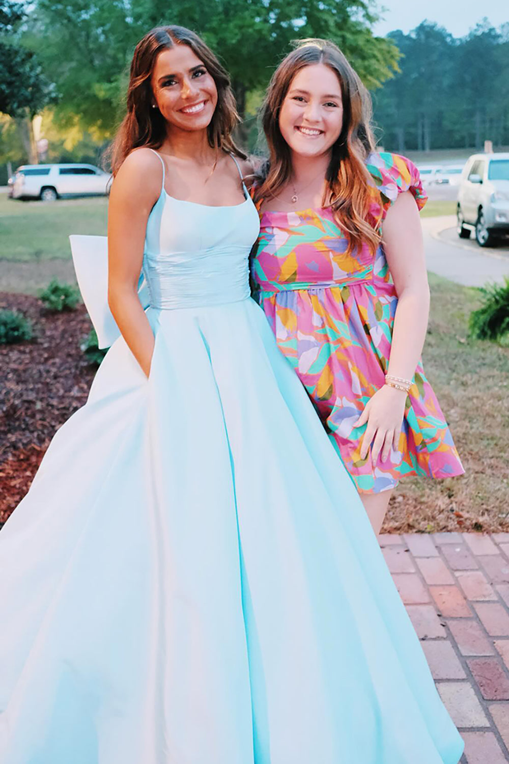 Satin Long Prom Dress in Light Blue with Spaghetti Straps A-Line Cut and Bow