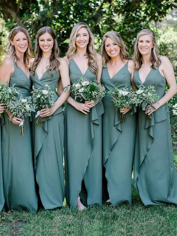 Trendy A-Line V-Neck Sleeveless Satin Sweep Train Split Front Bridesmaid Dresses