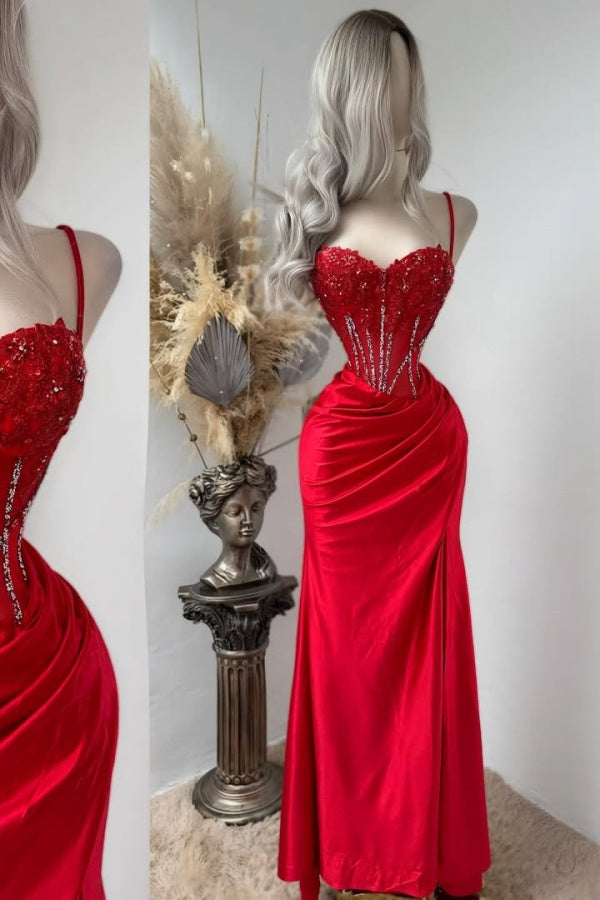 Red Exquisite Spaghetti-Straps Embroidery Split Evening Dress