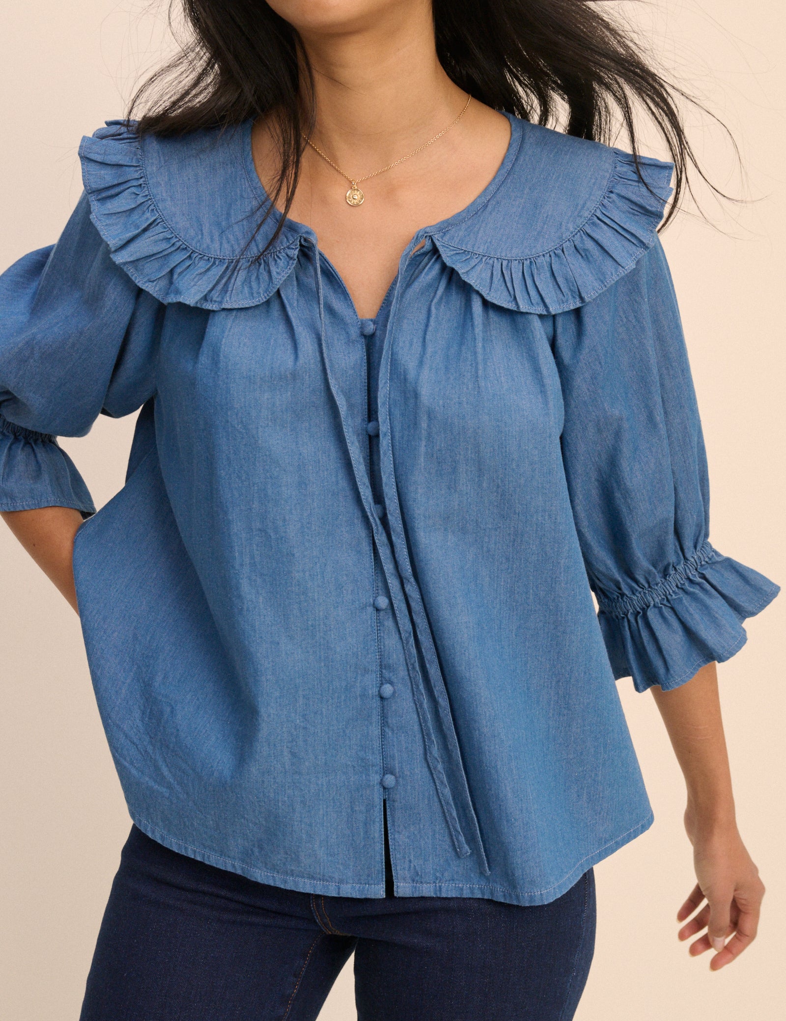 Mid Blue Denim Floral Short Sleeve Blouse