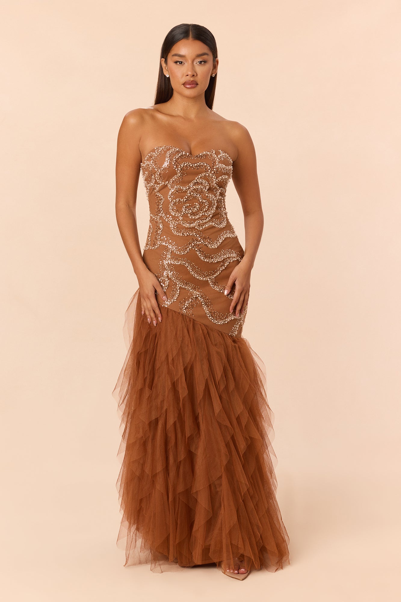 Giselle Strapless Embellished Tulle Gown - Mocha