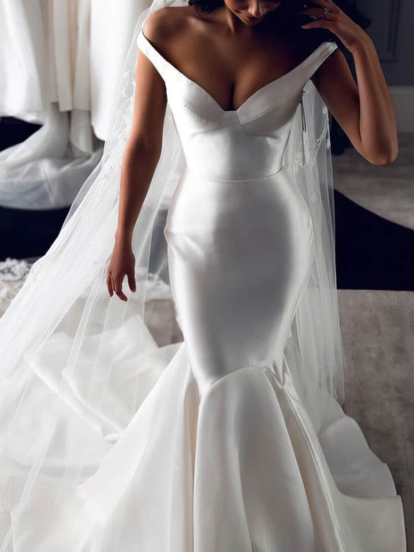Gorgeous Trumpet Off-The-Shoulder Satin Sweep Train Wedding Dresses