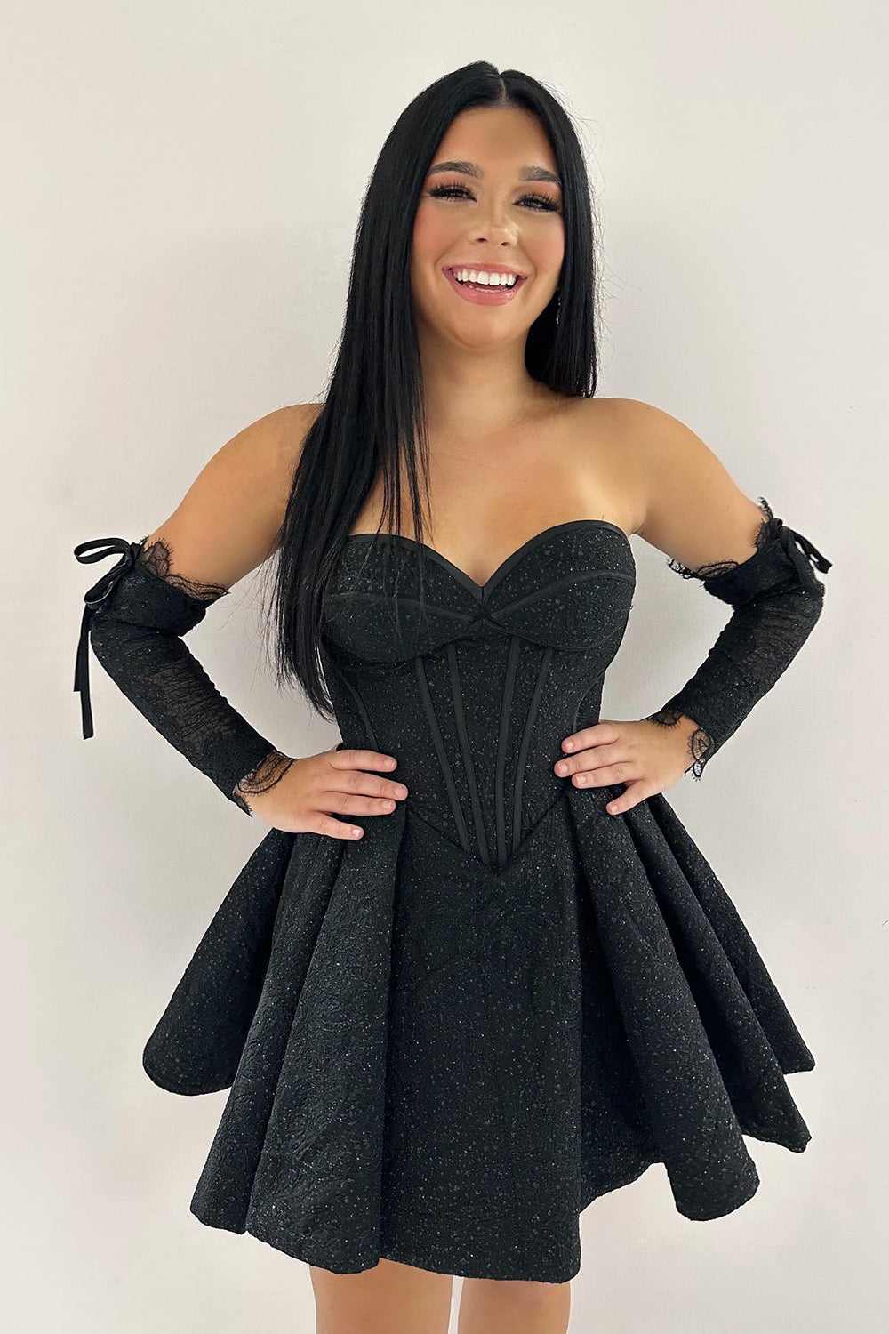 Sparkly Black Sweetheart A Line Corset Homecoming Dress/Mini Dress