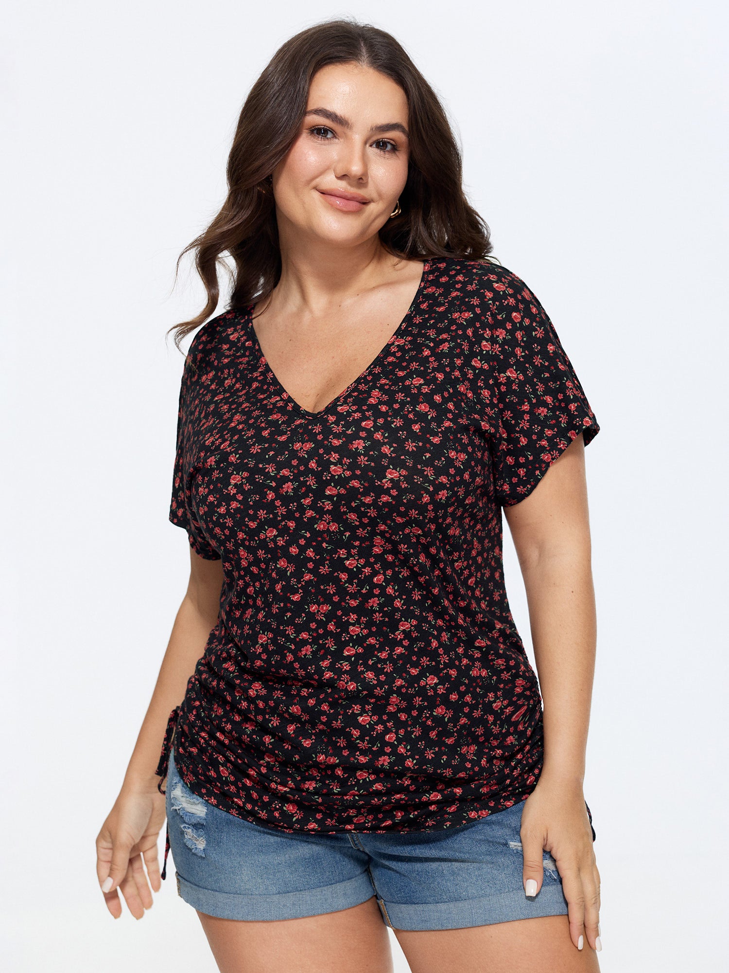 Cotton Floral Print V Neck Side Drawstring T-Shirt