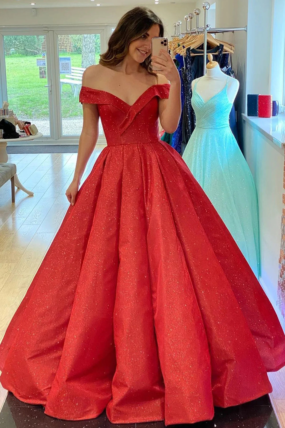 Red Off-the-Shoulder A-Line Prom Ball Gown