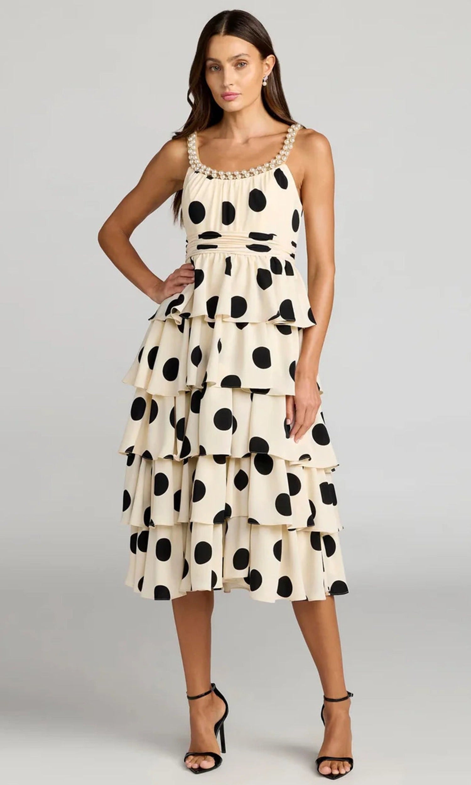 Mac Duggal 27736 - Pearl Trim Neckline Polka Dot Midi Dress
