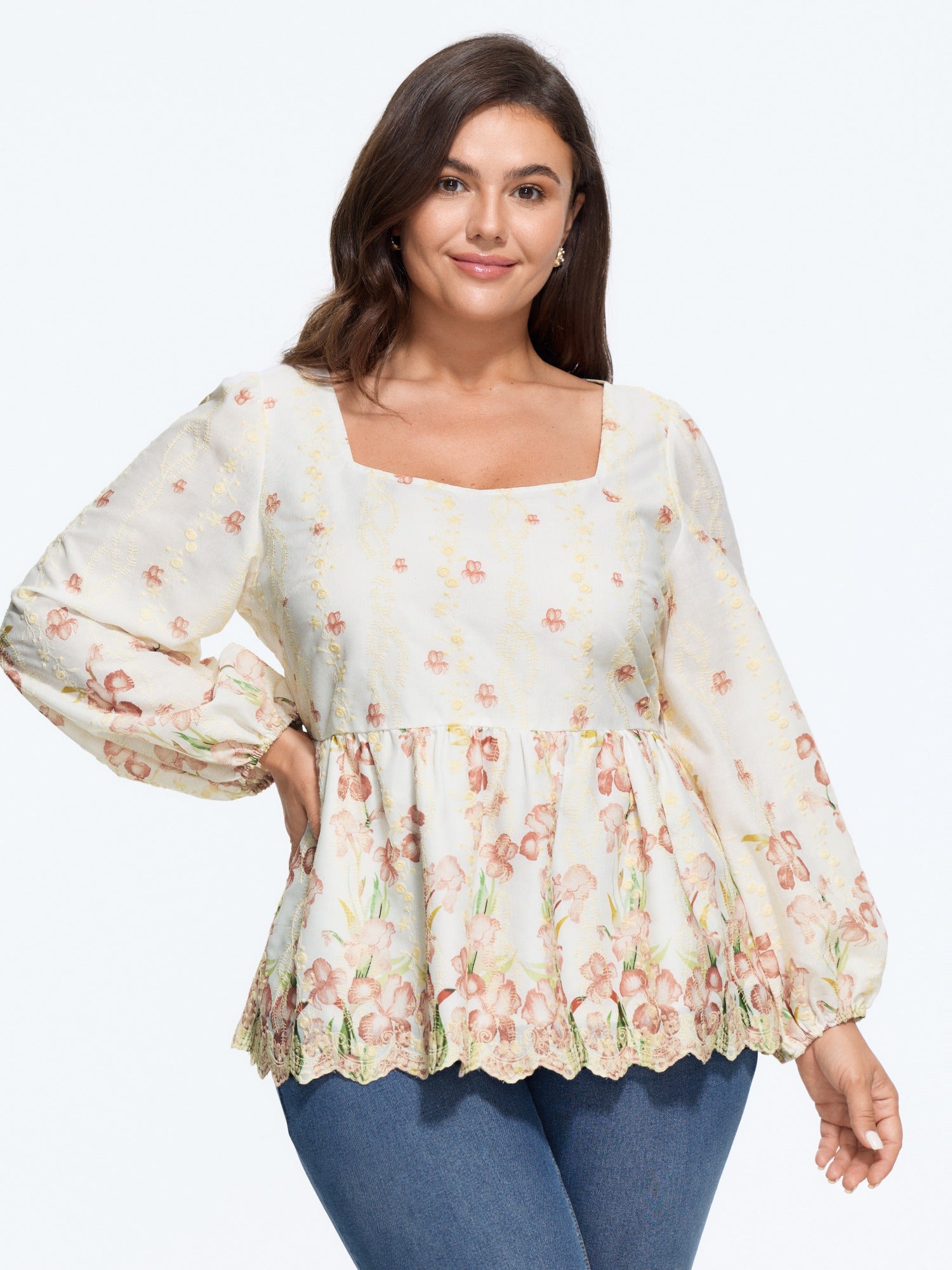 Square Neck Floral Embroidered Babydoll Blouse