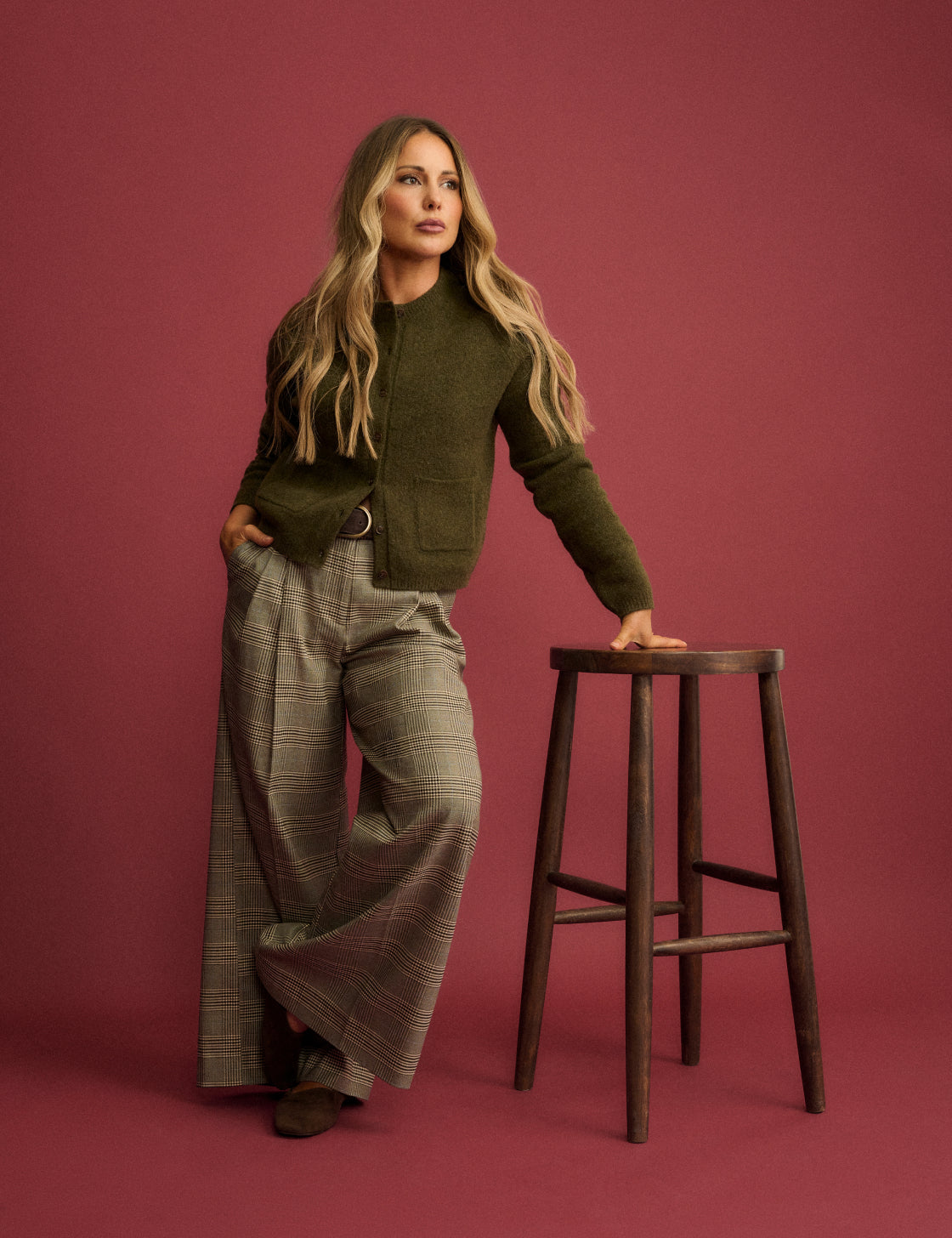 Grey Check Mid Rise Wide Leg Trousers
