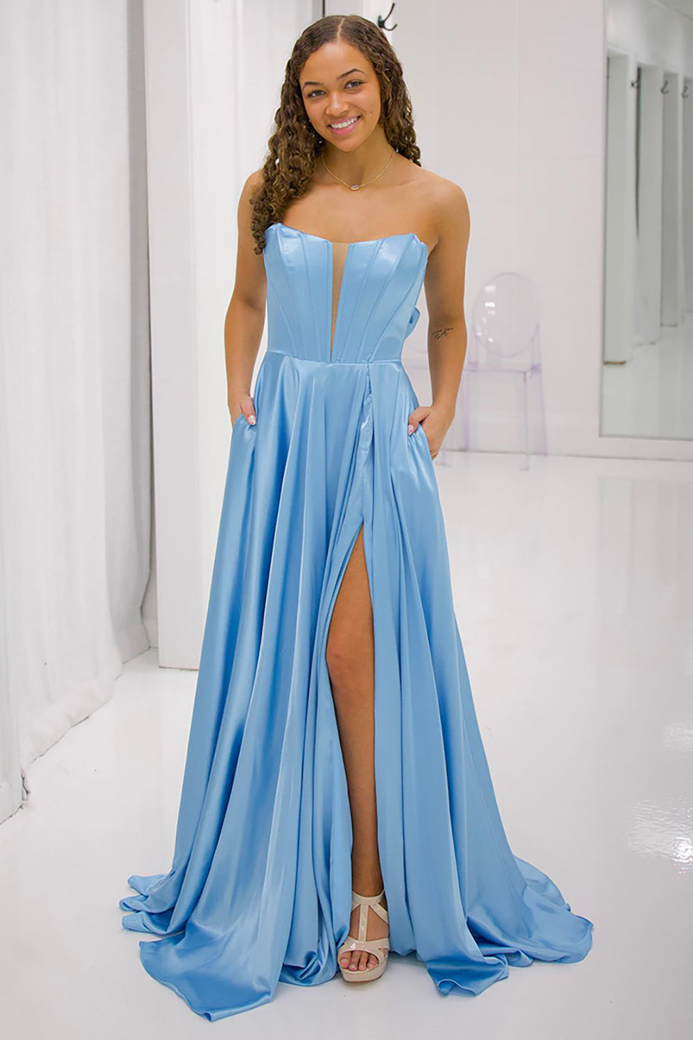 Long Blue Satin A-Line Strapless Prom Corset Dress Featuring a Bow